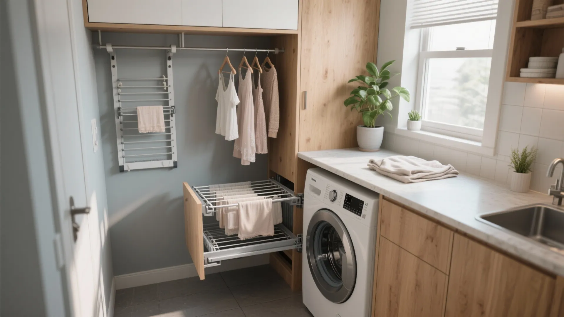 Modern laundry room with wooden cabinets washing machine and pull-out drying rack for hanging wet clothes