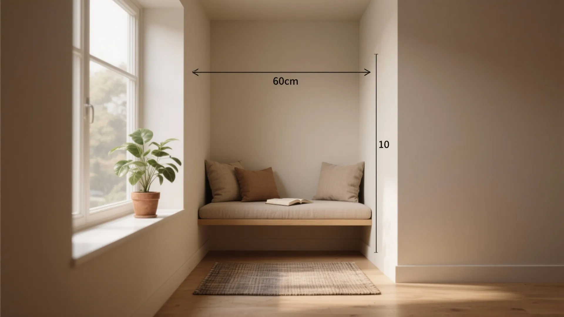 Small wall nook with built in bench seating plus measurement lines showing sixty centimeter depth