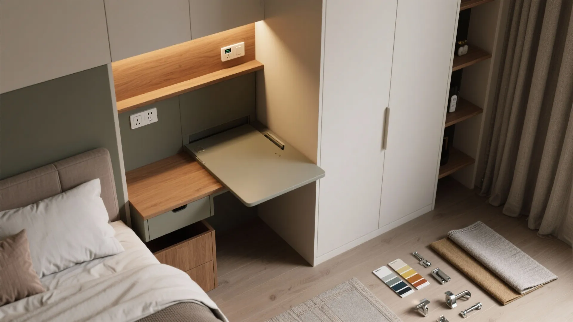 Bedroom with a foldaway desk integrated into a white cabinet next to the bed area