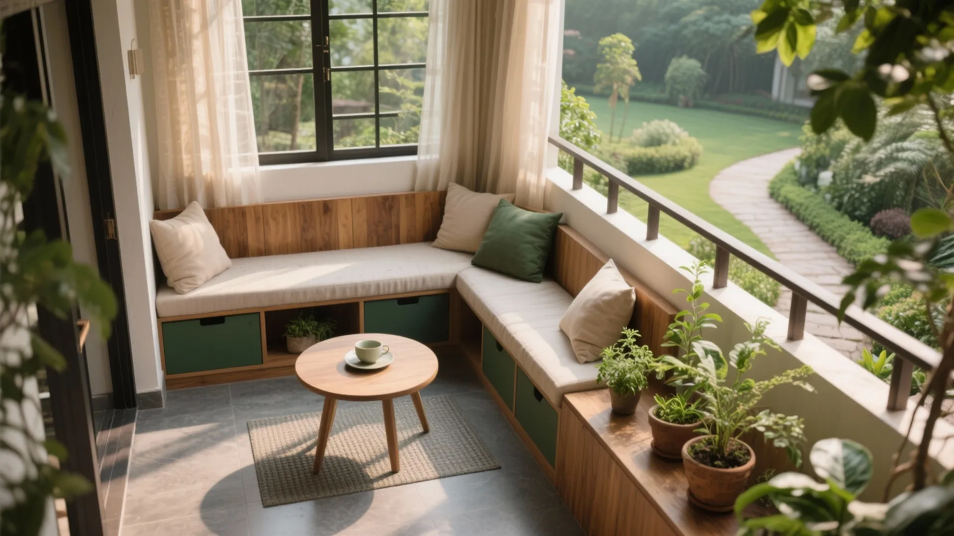[
  {
    "url": "https://coohom-biz-sg-s3.coohom.com/ins/static/article/nook-garden-1760588736401171100.jpg",
    "alt": "Wooden balcony bench with green pillows small round table potted plants and sunny garden view"
  }
]