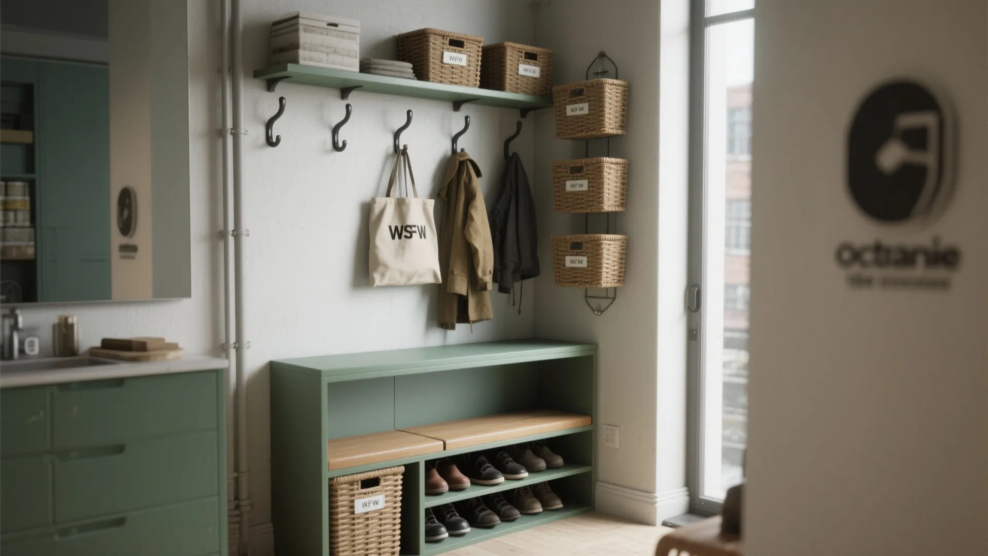 Green entryway bench with shoe storage wall hooks and wicker baskets for organized home mudroom design
