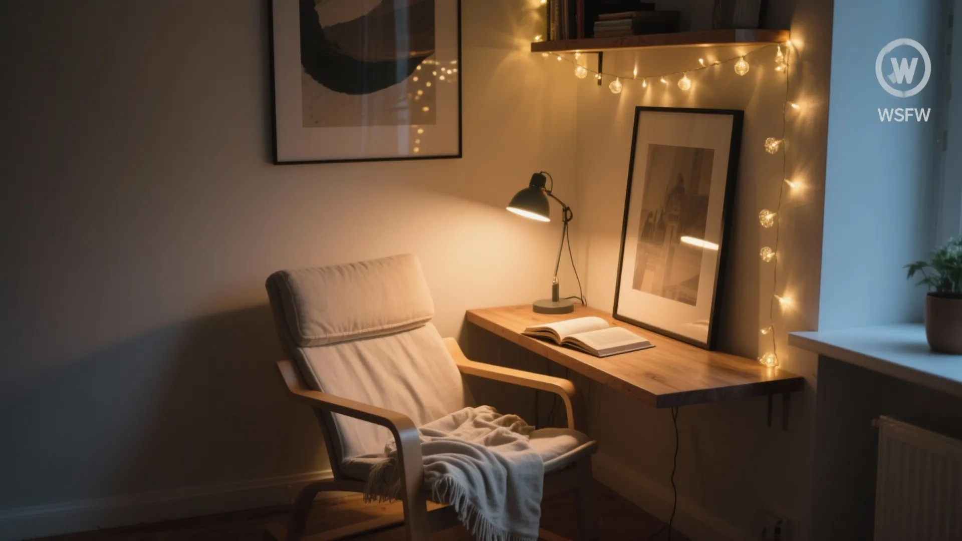 Cozy reading corner with wooden chair, floating desk, small lamp, open book, and warm lights
