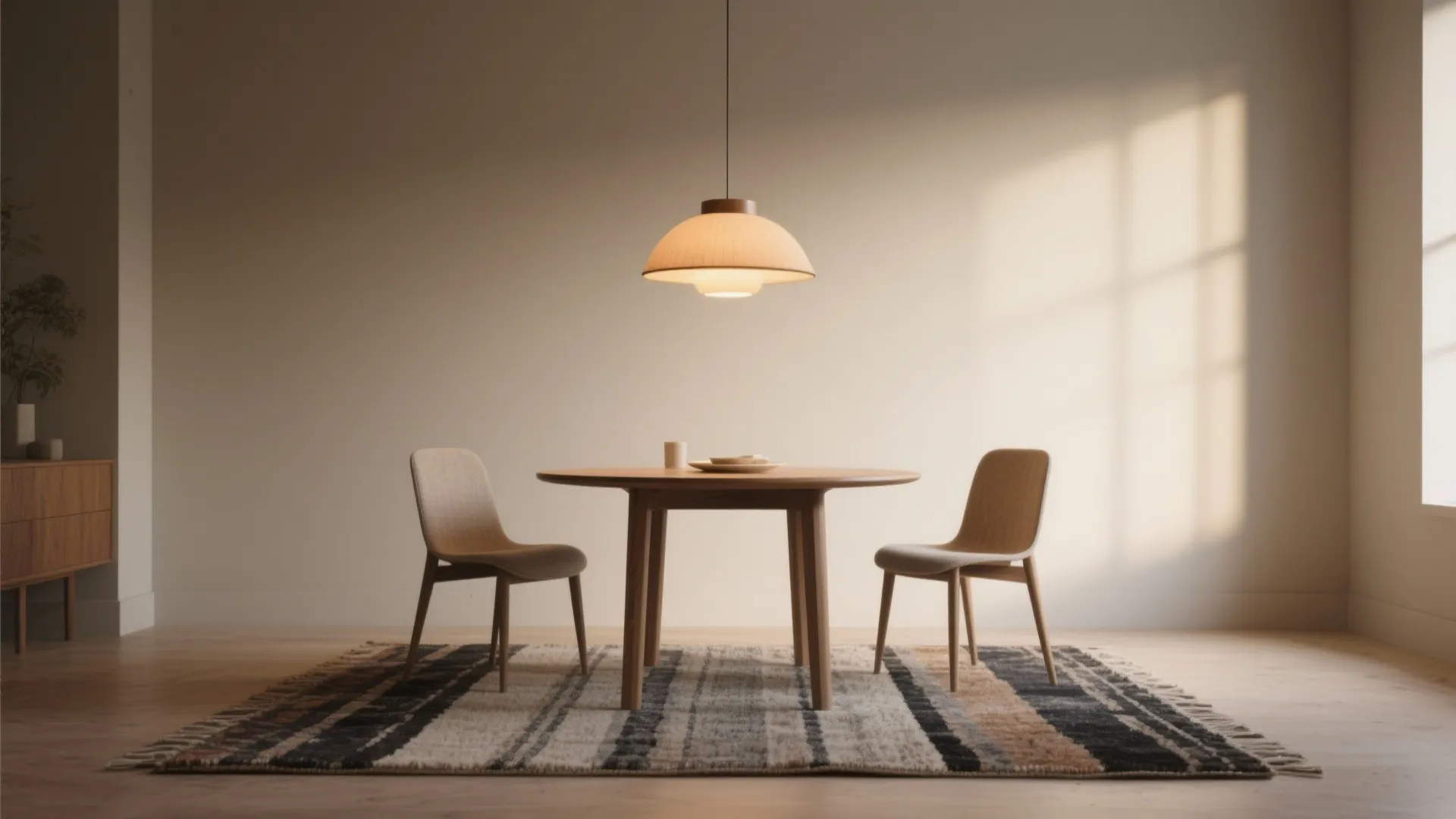 Round wood dining table with two chairs on a striped rug under a ceiling light