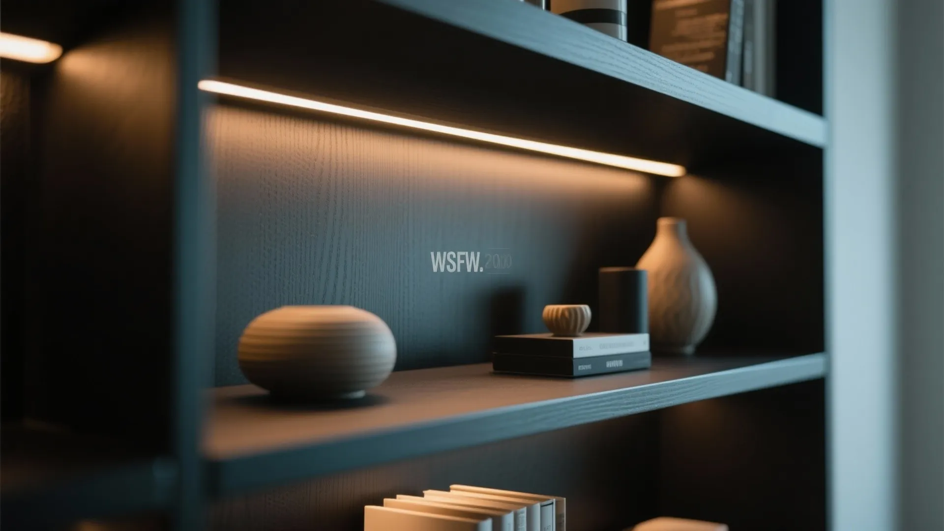 Integrated LED lighting in moody office shelves