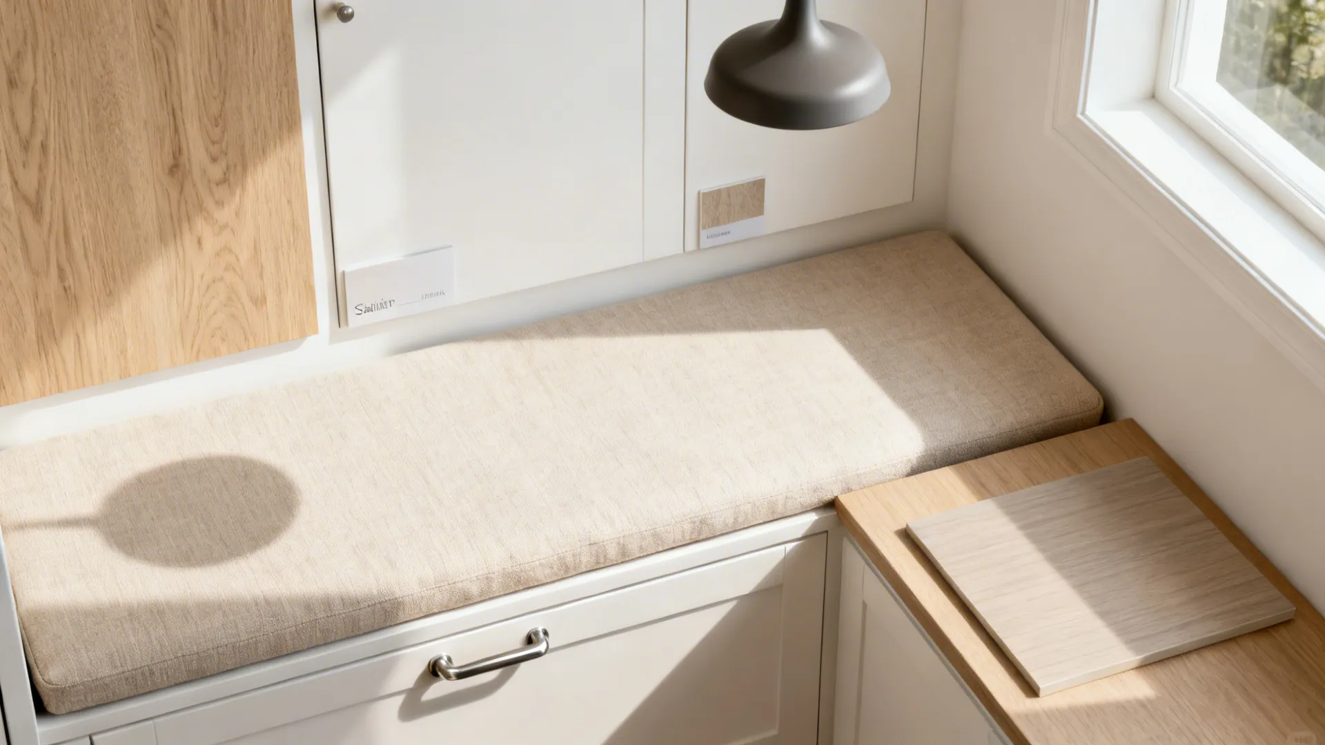 Flat lay of light oak, satin white, matte pendant finish, beige cushion fabric, and laminate swatches.