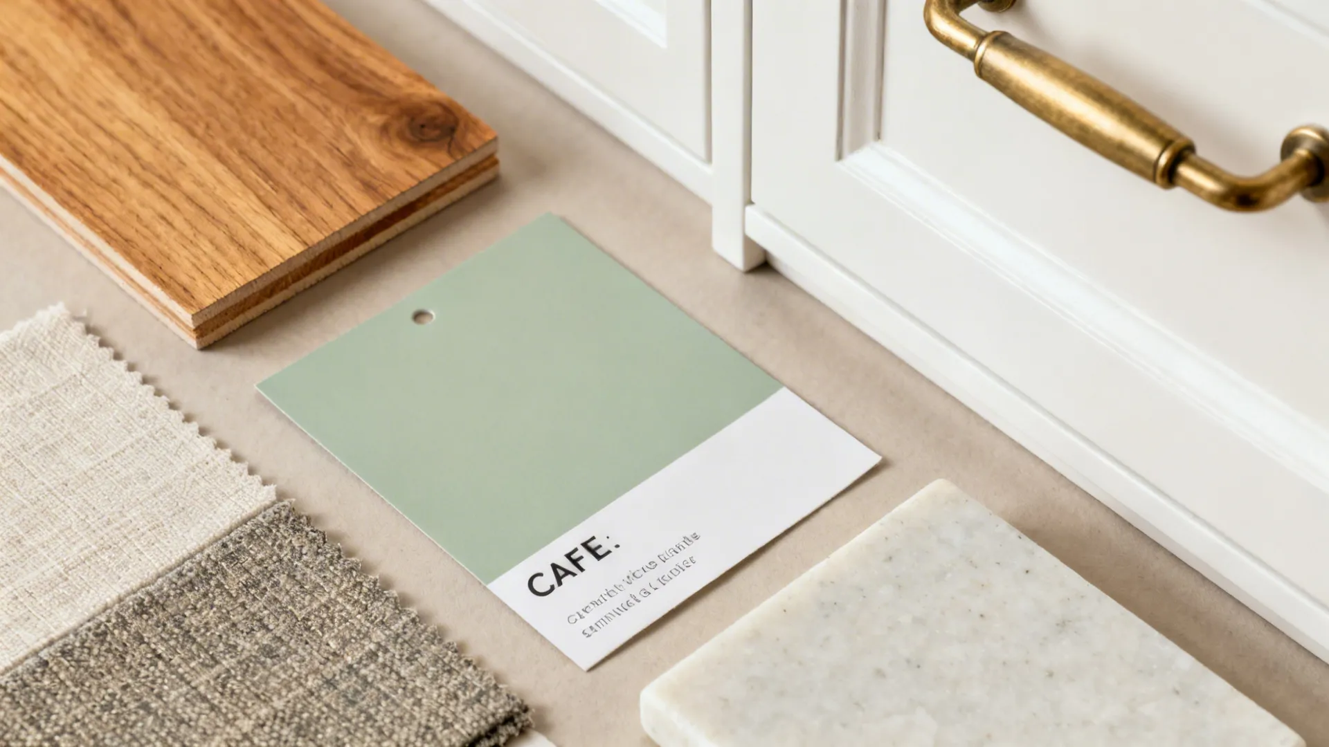 Flat lay of oak, sage paint, linen, matte white finish, brass hardware, and quartz for a cozy nook.
