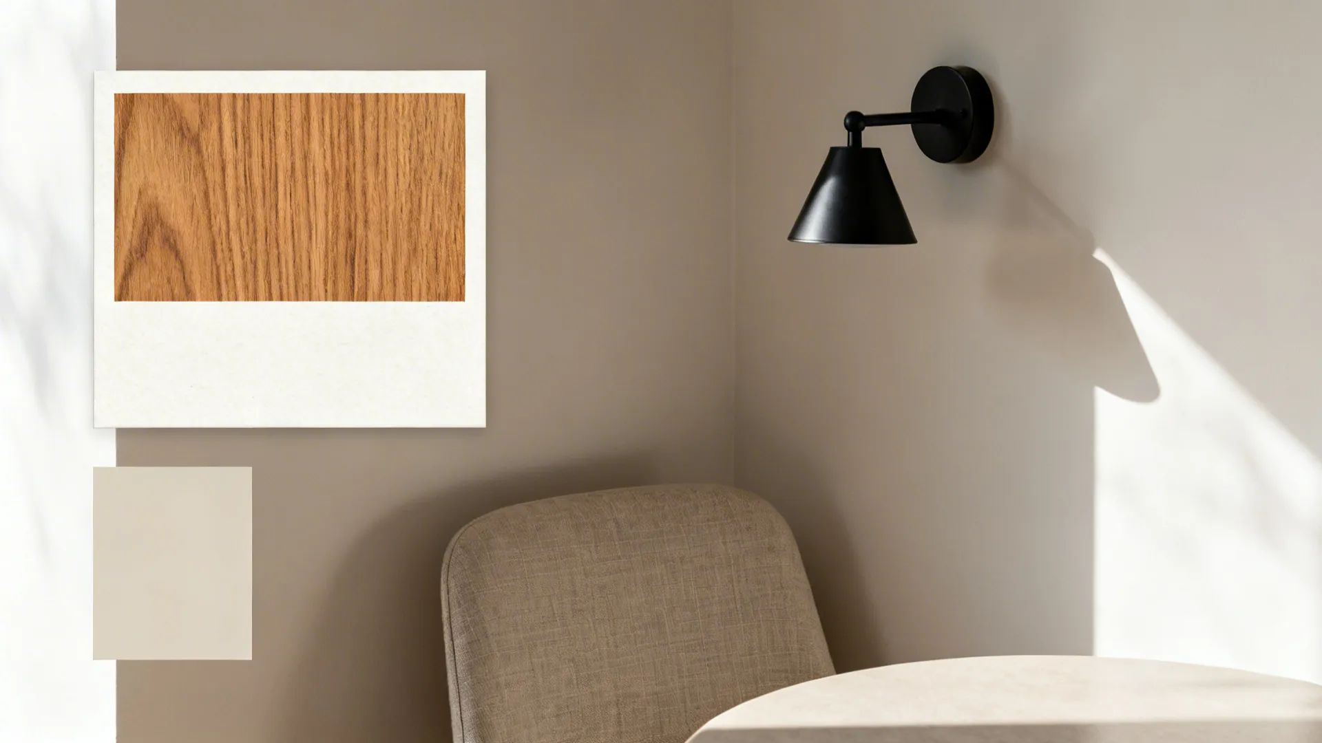 Flat lay of oak veneer, matte black metal, linen fabric, and neutral paint swatches.