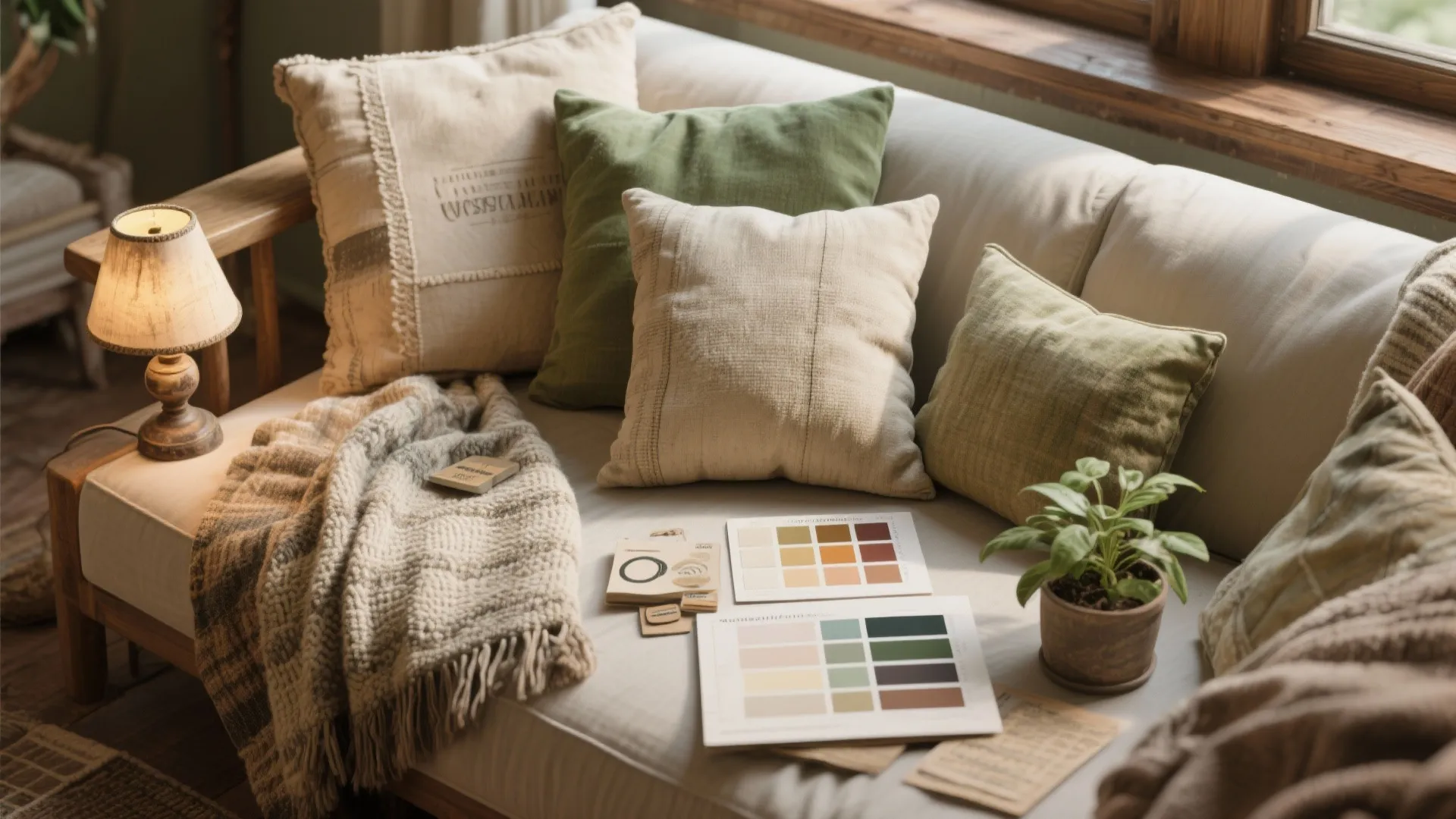 Beige sofa with green pillows plus color palette cards and a small green potted plant
