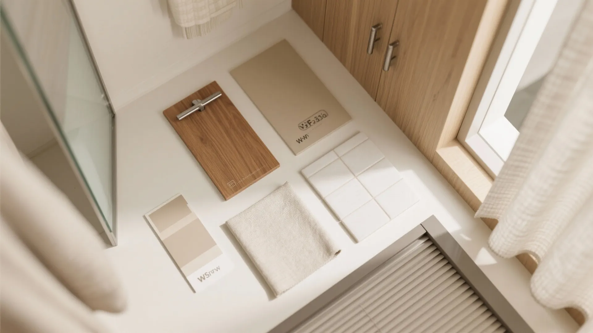 Interior design material board with wood samples white tiles fabric swatches and neutral colored paint cards