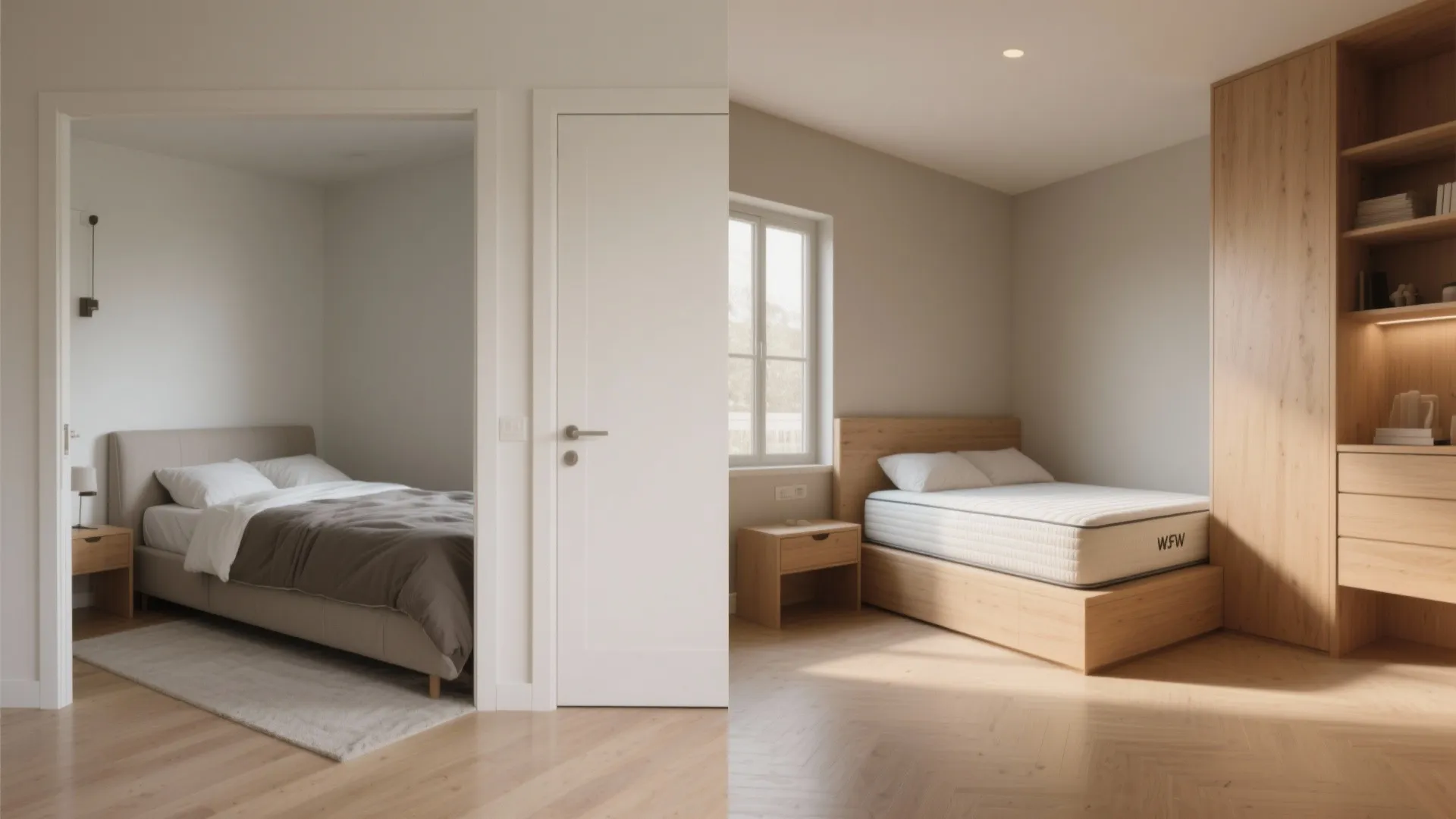 Side by side comparison of a dark minimalist bedroom and a bright wooden bedroom design