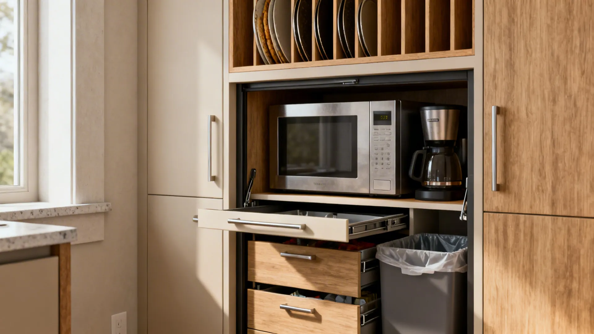 Kitchen nook with hidden appliance garage and pull-out recycling drawers, shown in close detail