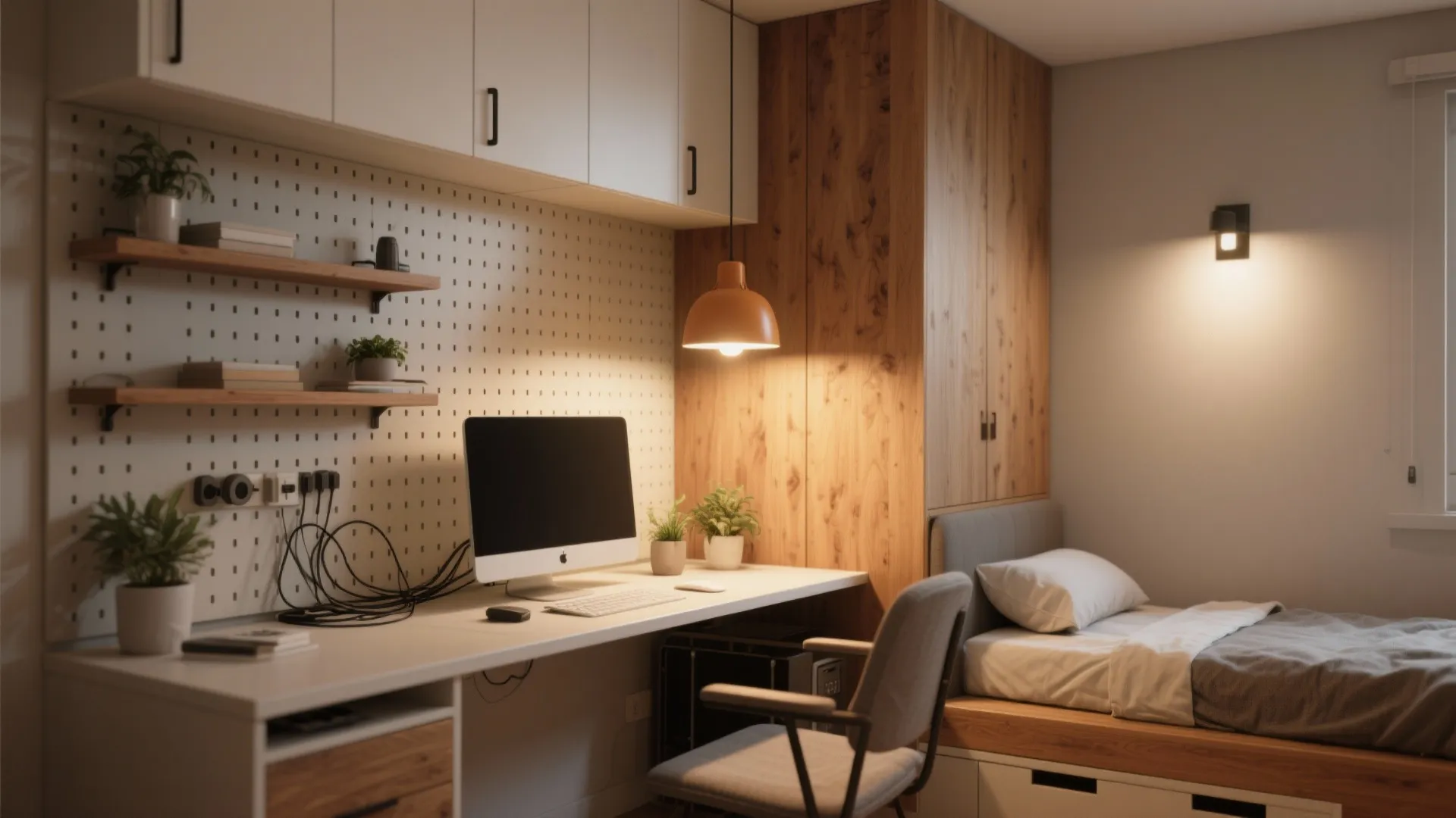 5. Compact Nook Office with Vertical Storage and Layered Lighting