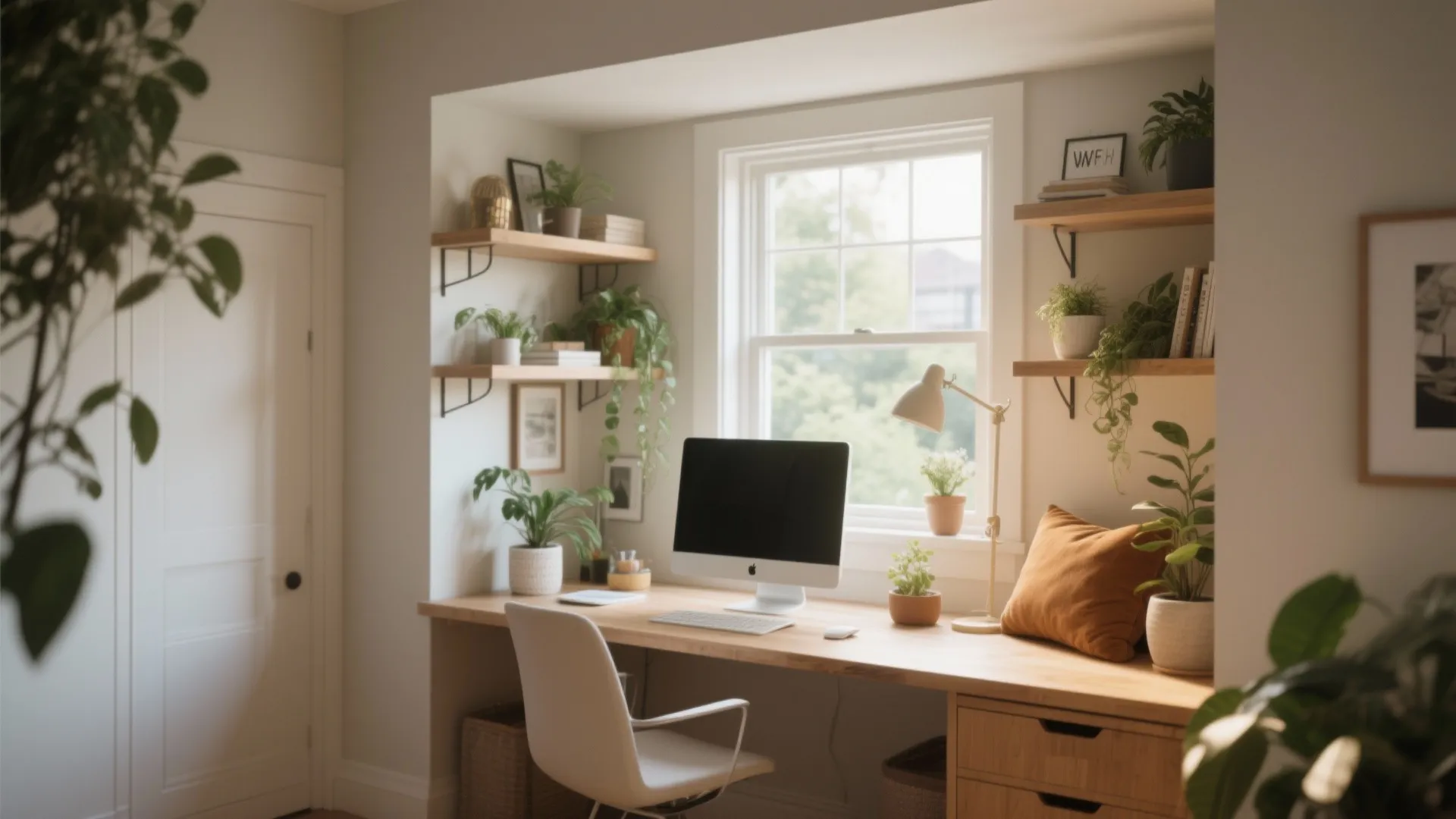 Bright home office workspace with wooden desk computer white chair wall shelves and many green plants