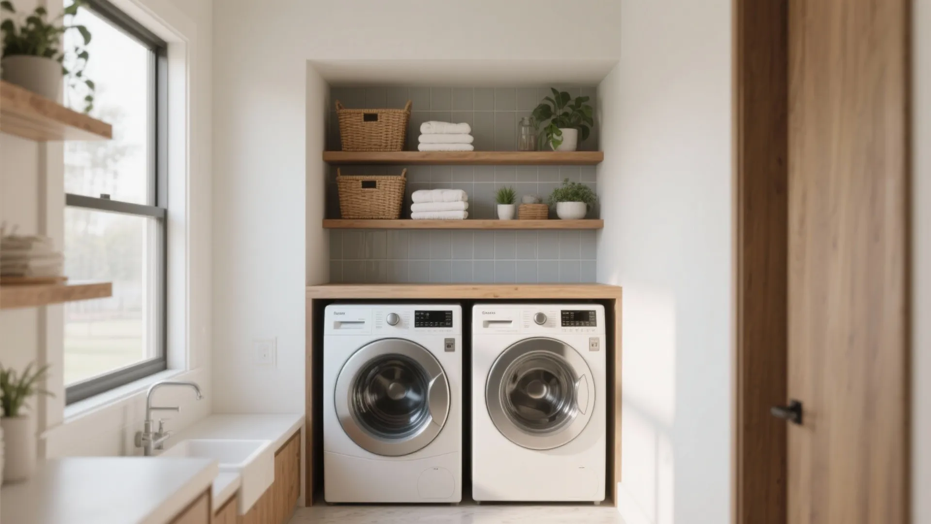 3. Nook-Style Washer-Dryer with Open Shelving