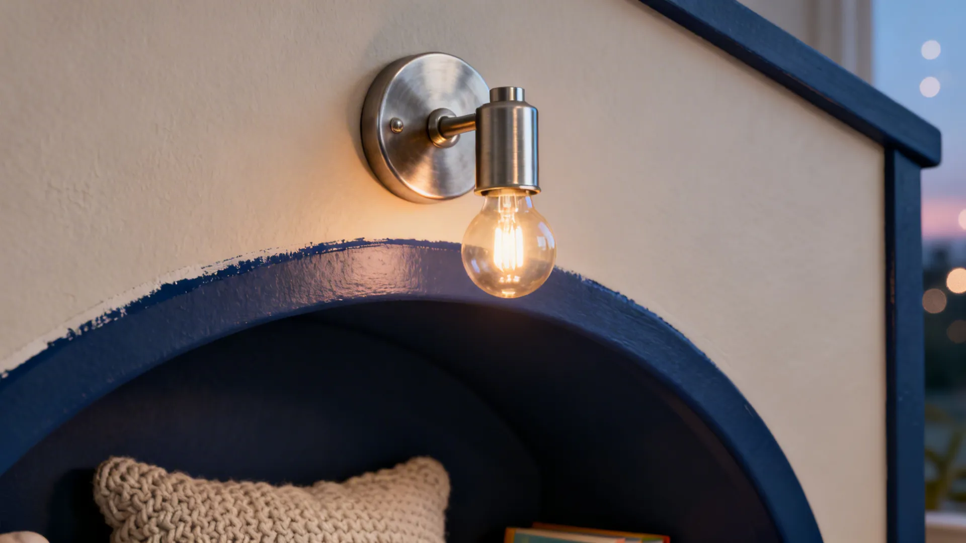 Macro of warm wall sconce on a navy arch with knit cushion texture below.