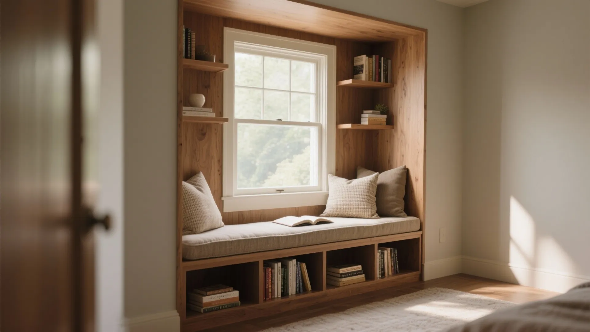 Built-in wooden window seat with cozy cushions and wall shelves filled with many decorative books