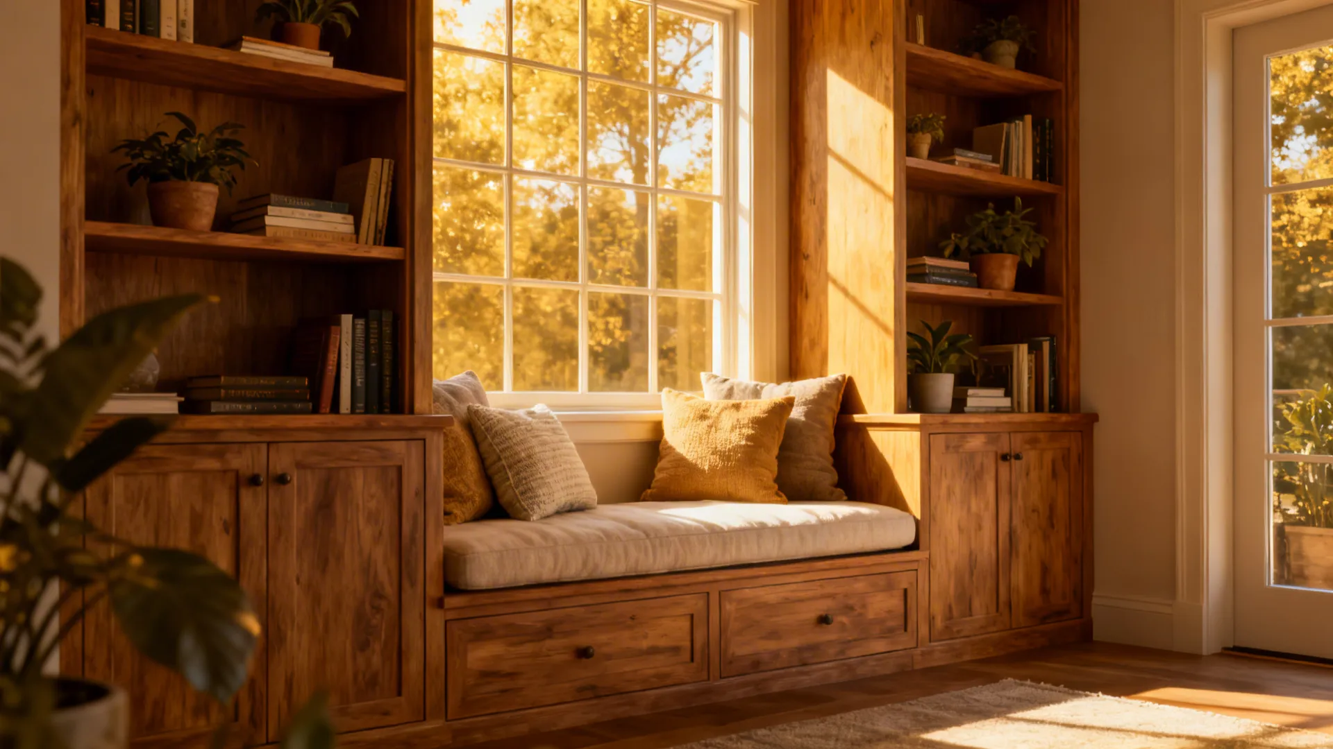 Window nook with built-in shelving and a cushioned bench with pillows and storage below.