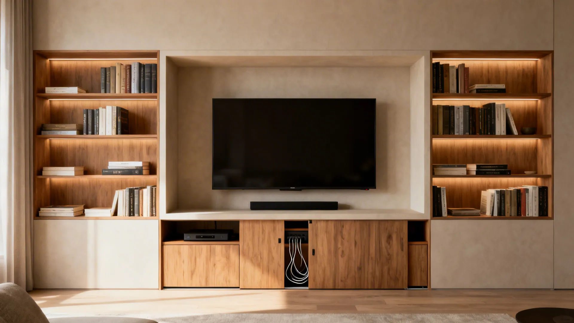 Modern living room wall with television unit wooden storage cabinets and lighted bookshelves for books
