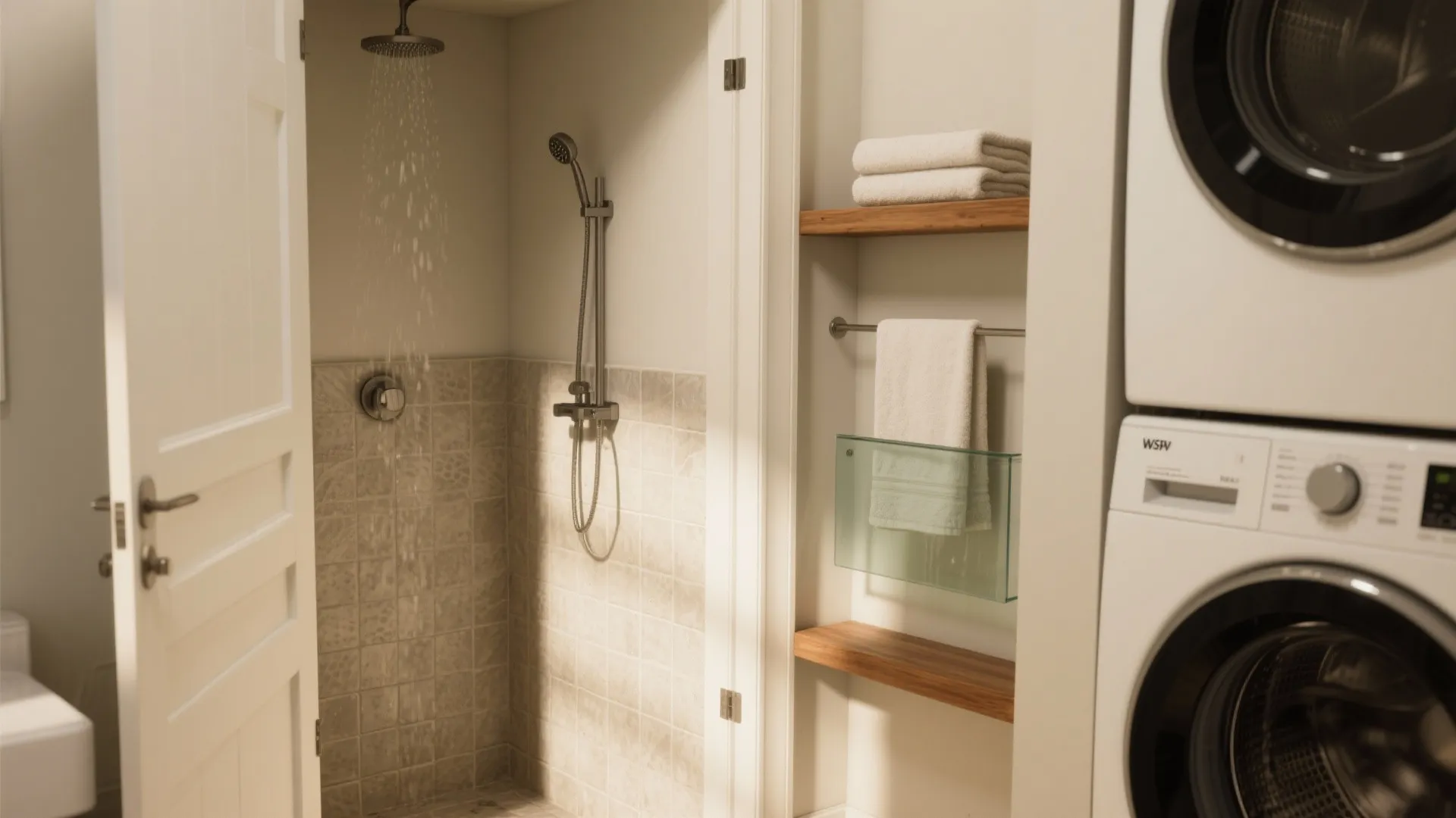 Small bathroom nook showing walk in shower with towels on wooden shelves and stacked laundry machines