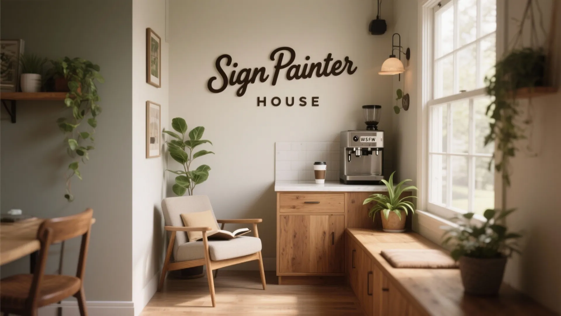 Cozy room with armchair wood cabinet coffee machine green plants wall light and large wall sign