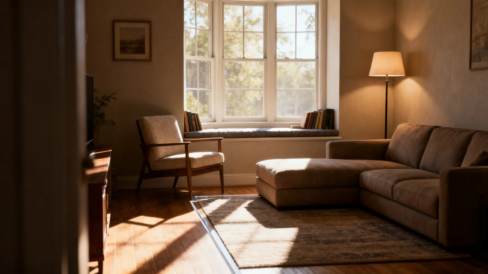 Living room with a sunny window reading nook and a perpendicular sofa forming an L-shape.