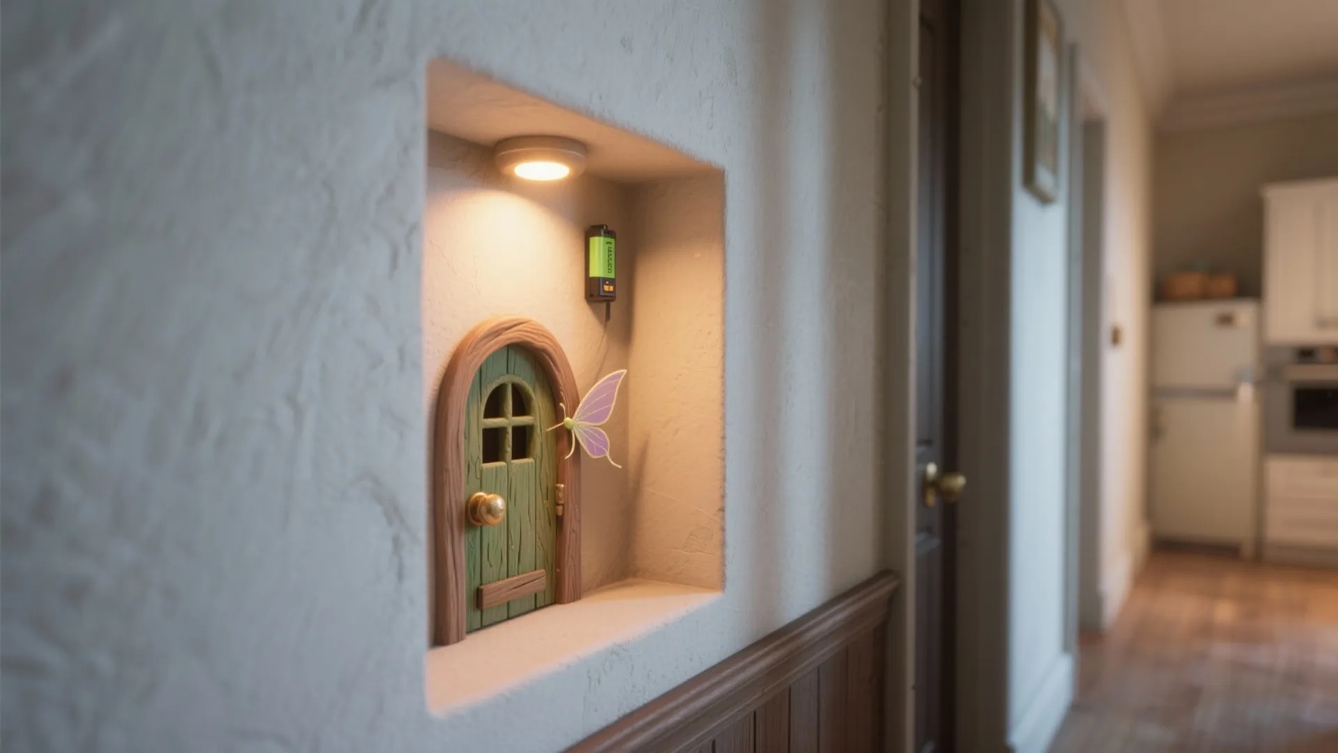 Tiny green fairy door inside a wall niche with warm ceiling light and purple butterfly