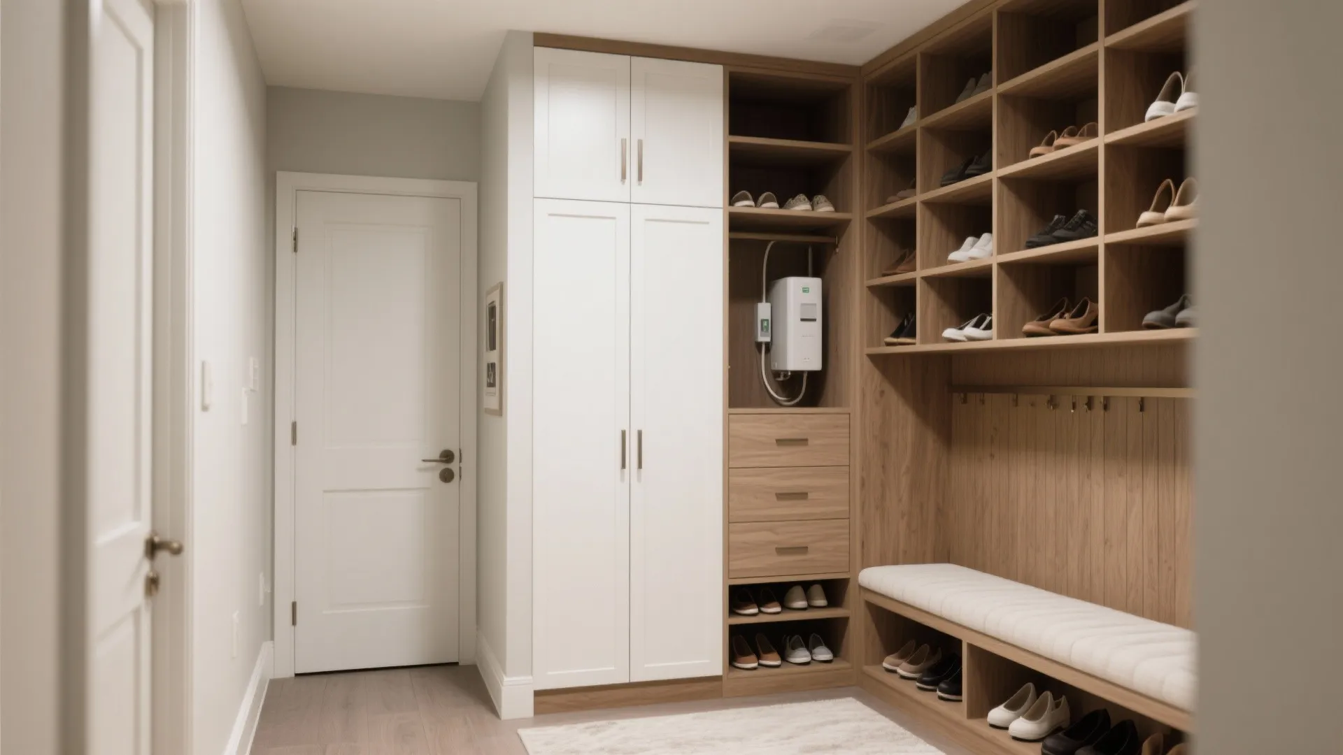 Custom floor-to-ceiling shelving and built-in bench maximizing hallway and alcove storage