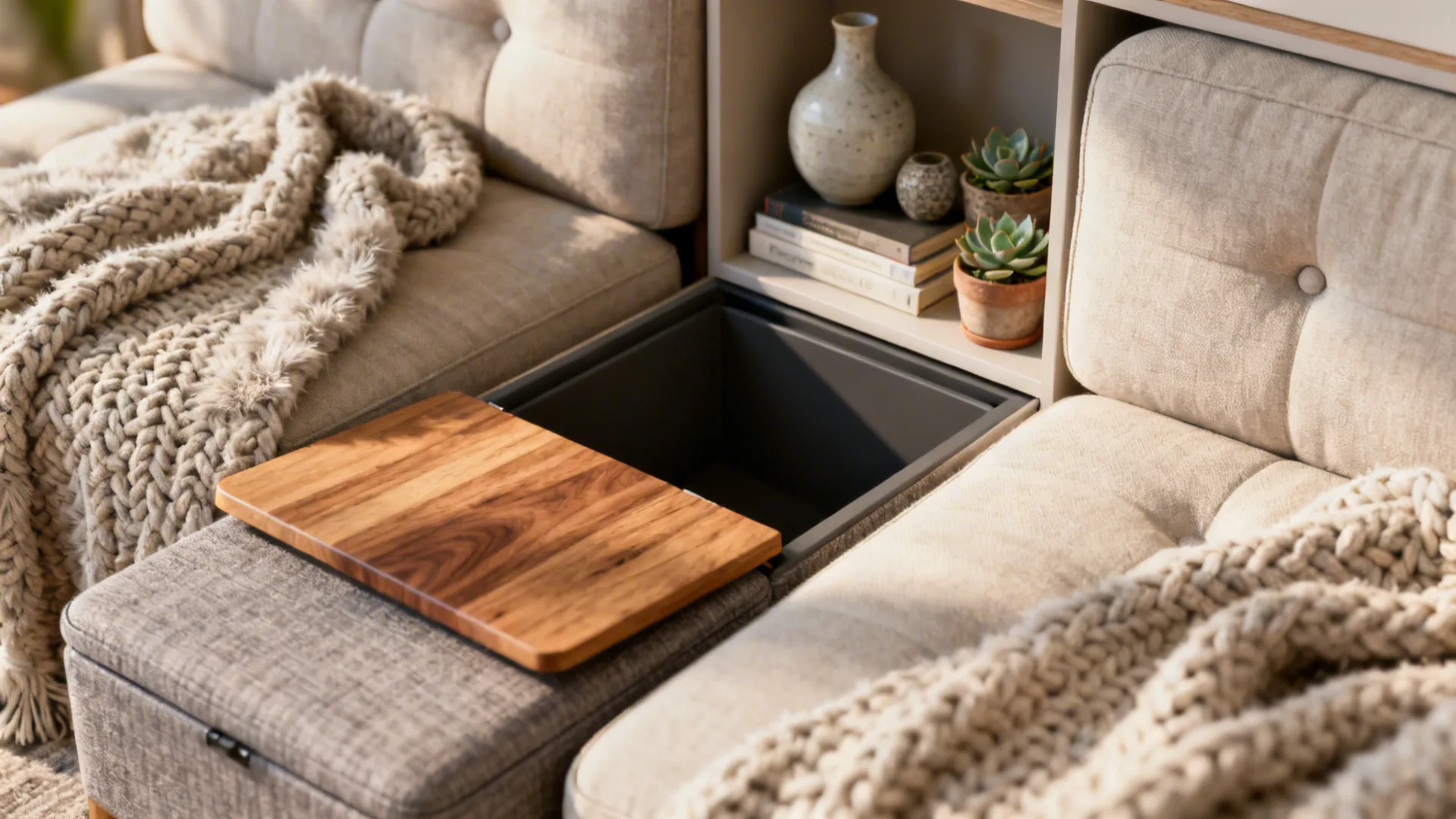 Detail of an ottoman with hidden storage and slim built-in shelving in a small living room.