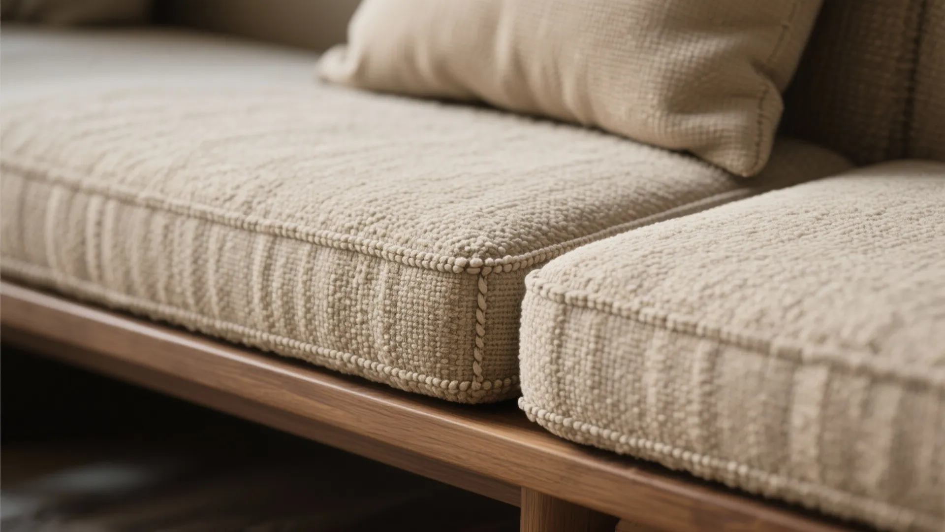 Macro texture of boucle upholstery and oak edge on a corner bench, highlighting tactile comfort.