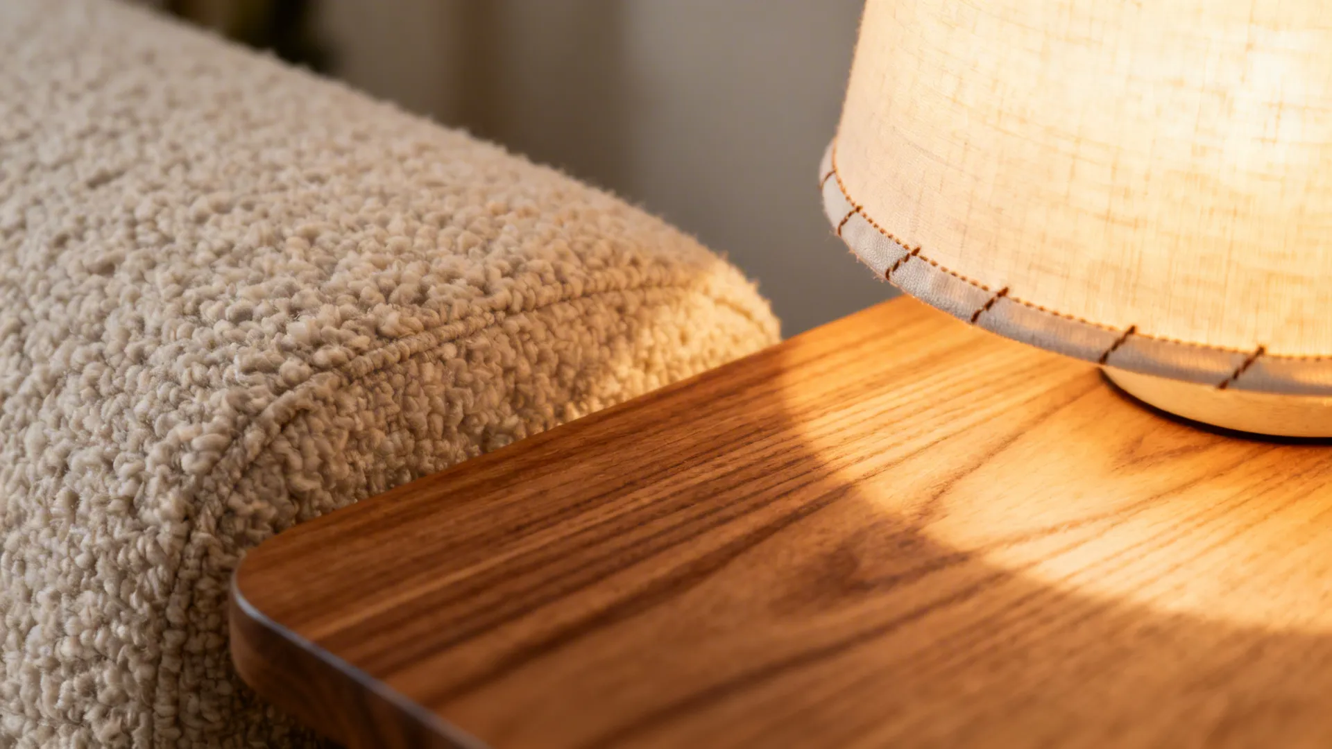 Macro of boucle fabric, oak table, and warm fabric lampshade diffuser in a reading nook.