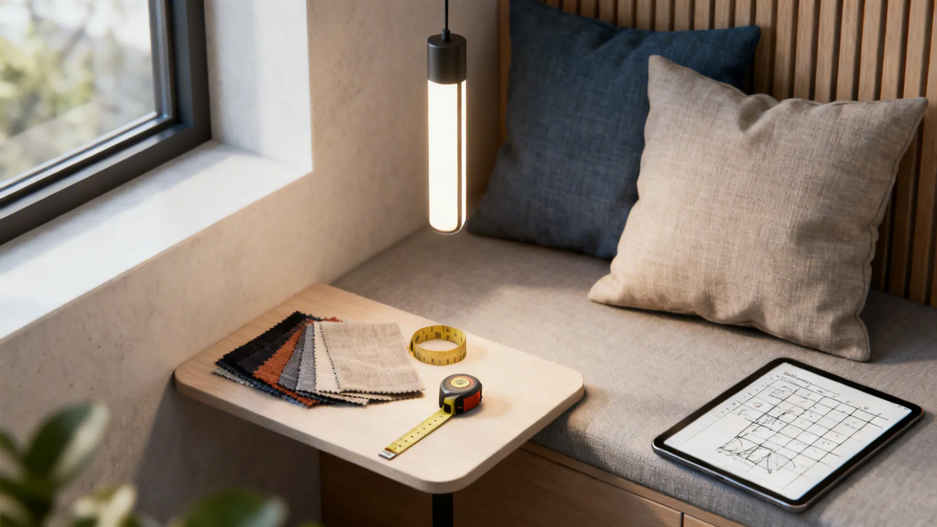 Pendant light, fabric swatches and a tablet showing a 3D planner for measuring a breakfast nook