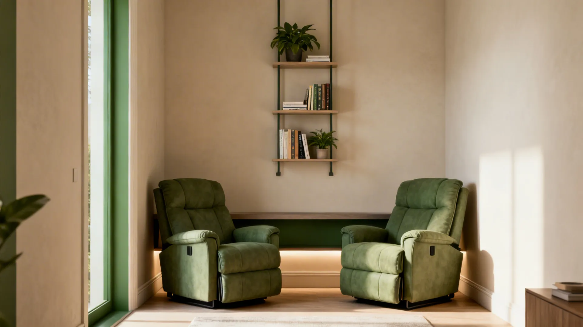 Narrow living room nook with two recliners and shallow wall-mounted shelves above for books and plants