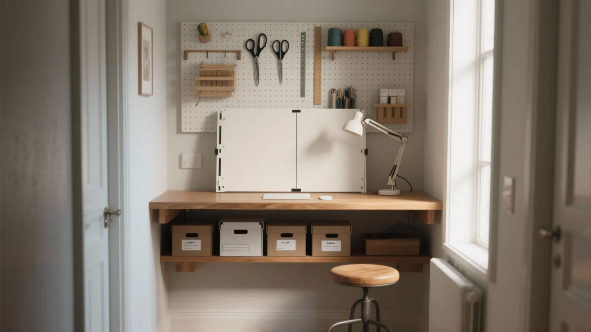 Small wooden workstation nook with wall pegboard tool storage desk lamp boxes and a stool