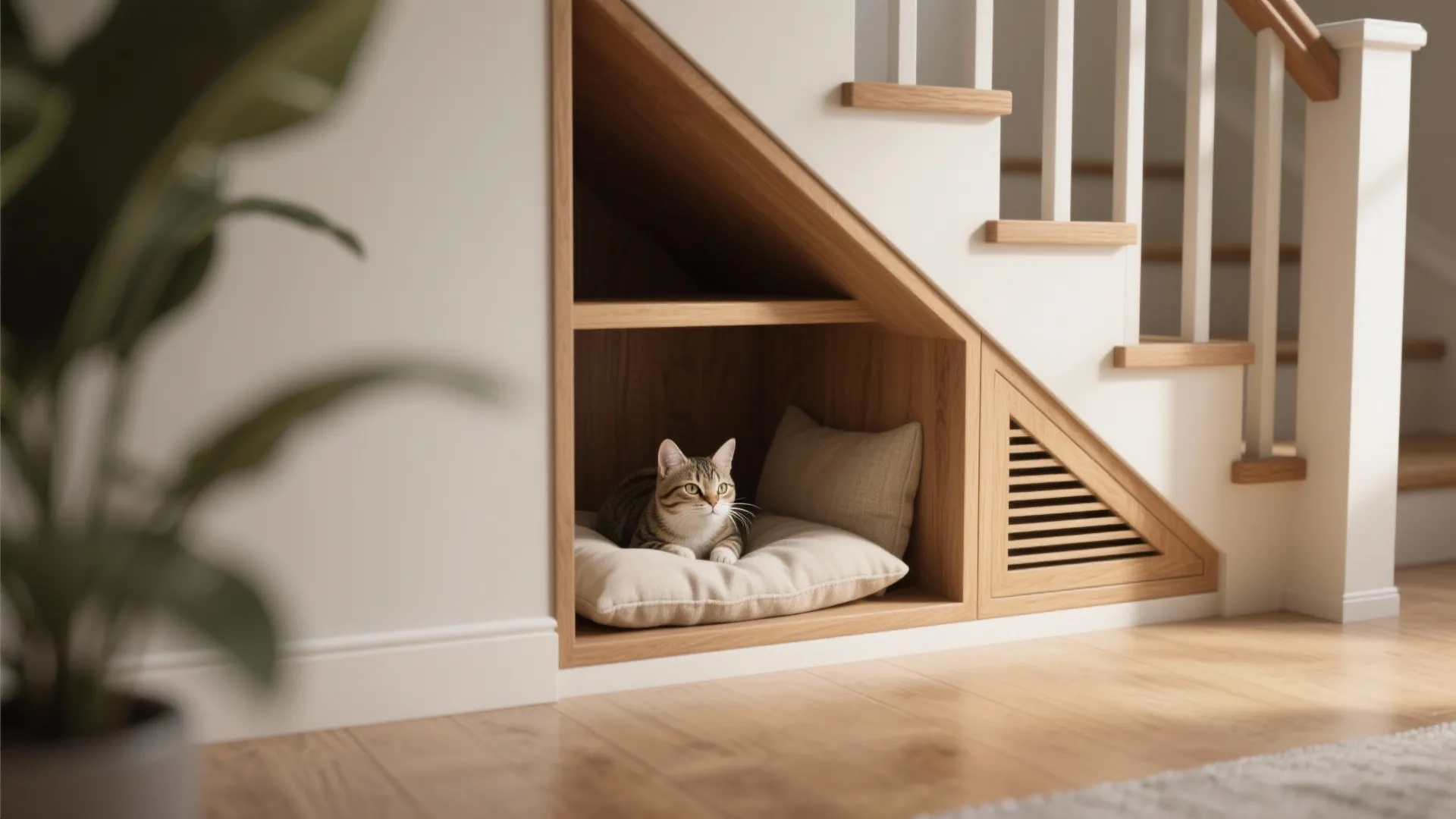 A cat resting on a soft pillow inside a custom wood shelf under white stairs