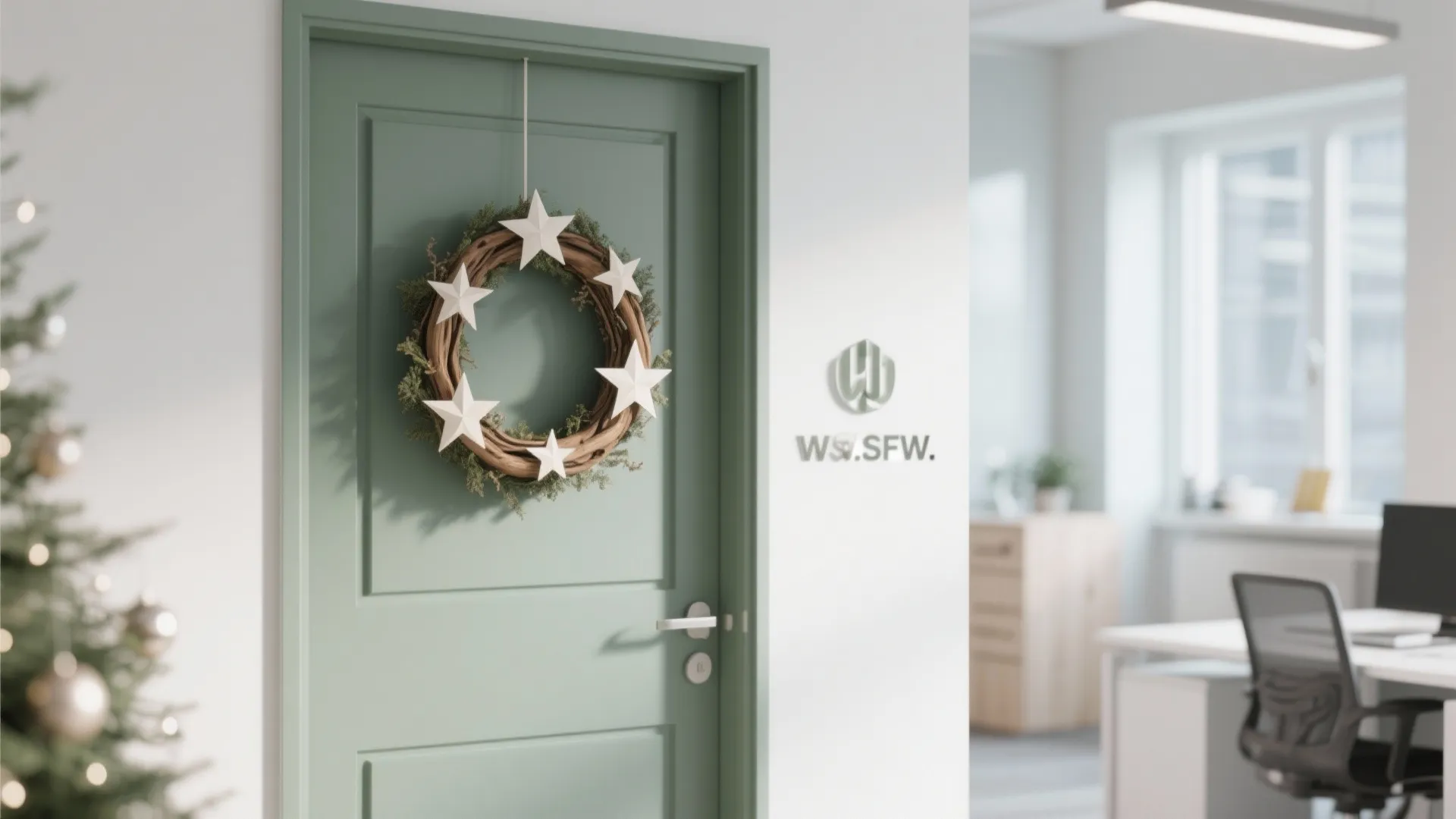 Modern office interior with green door featuring a wooden wreath decorated with white star ornaments