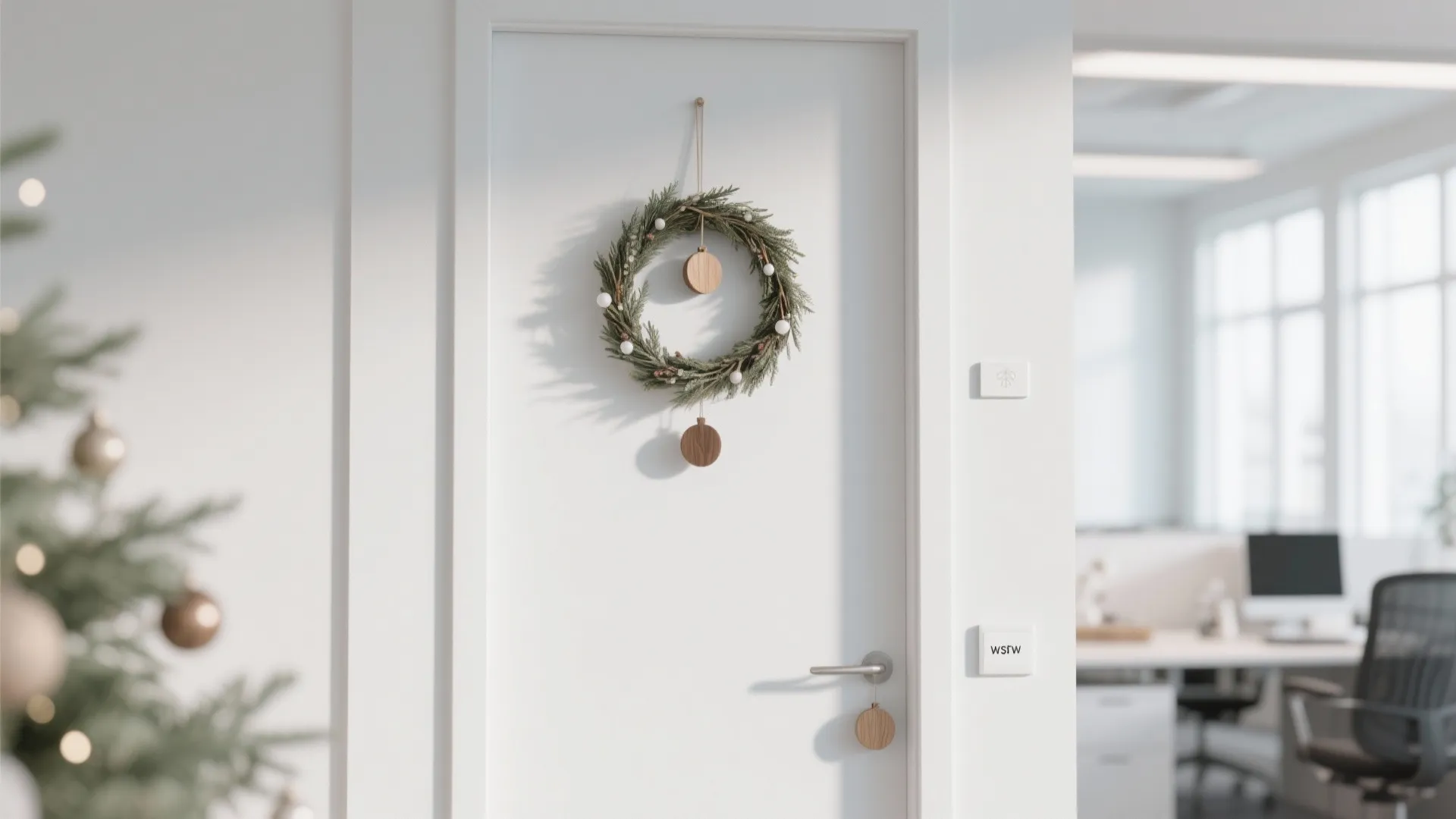 Minimalist Nordic-style office door with white paper and natural wreath
