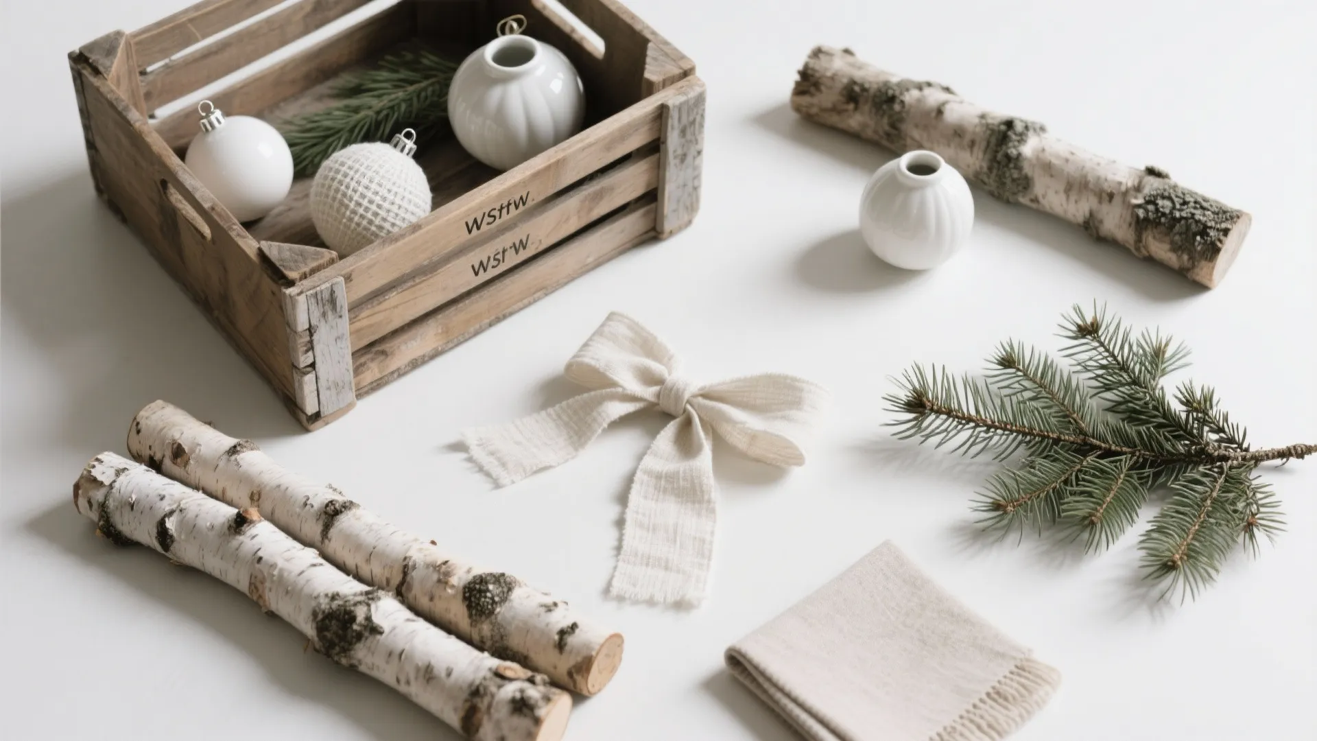 Flat lay of wooden crate with white ornaments birch logs pine branches and a beige bow