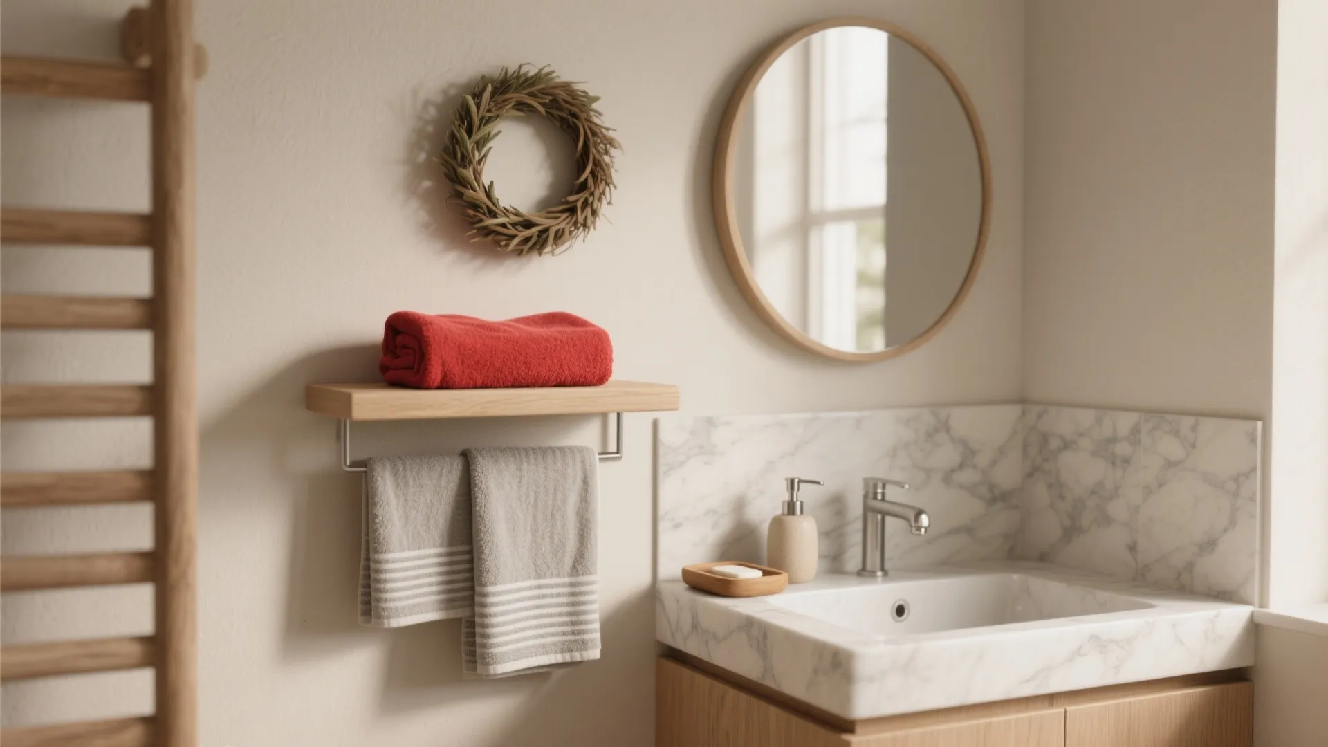 1. Nordic minimal set: muted tones with a pop of red