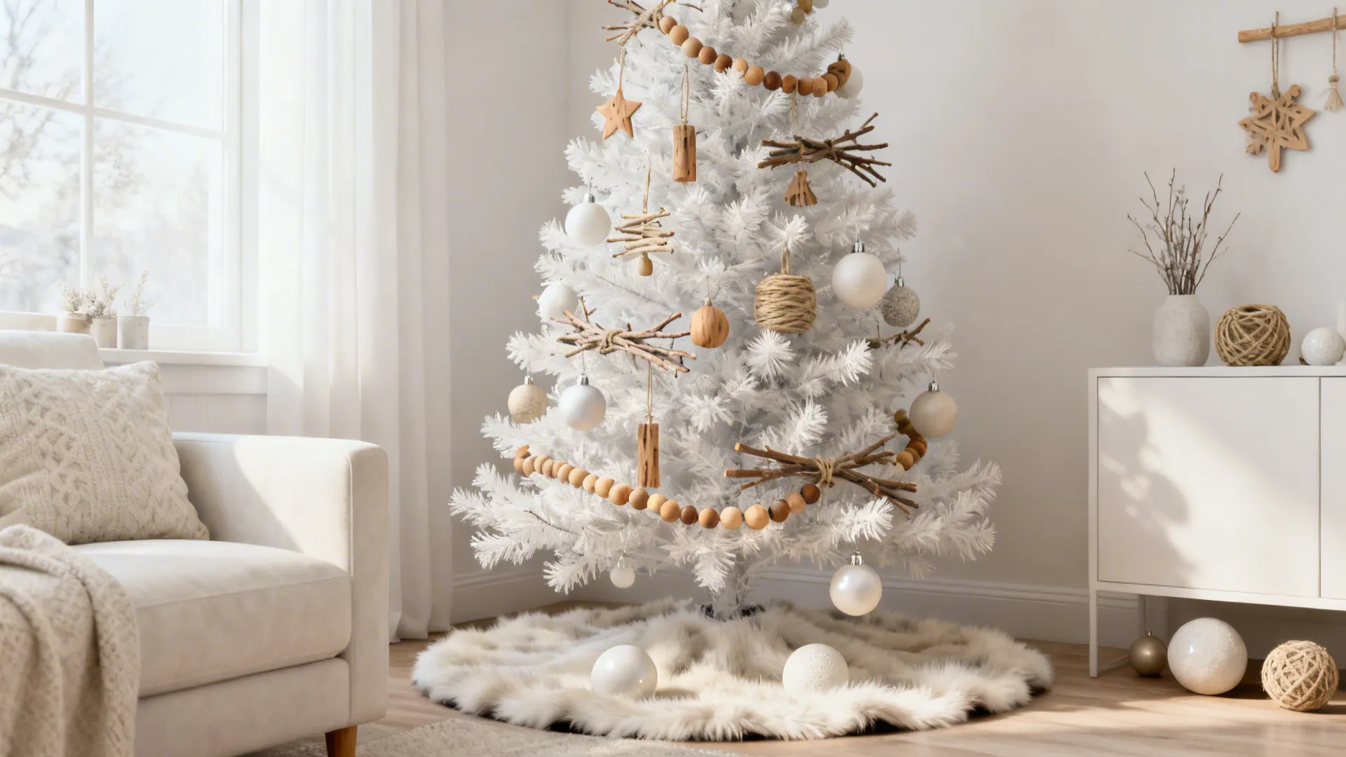 Slim white Christmas tree with wooden ornaments and faux-shearling skirt in a Scandinavian corner.