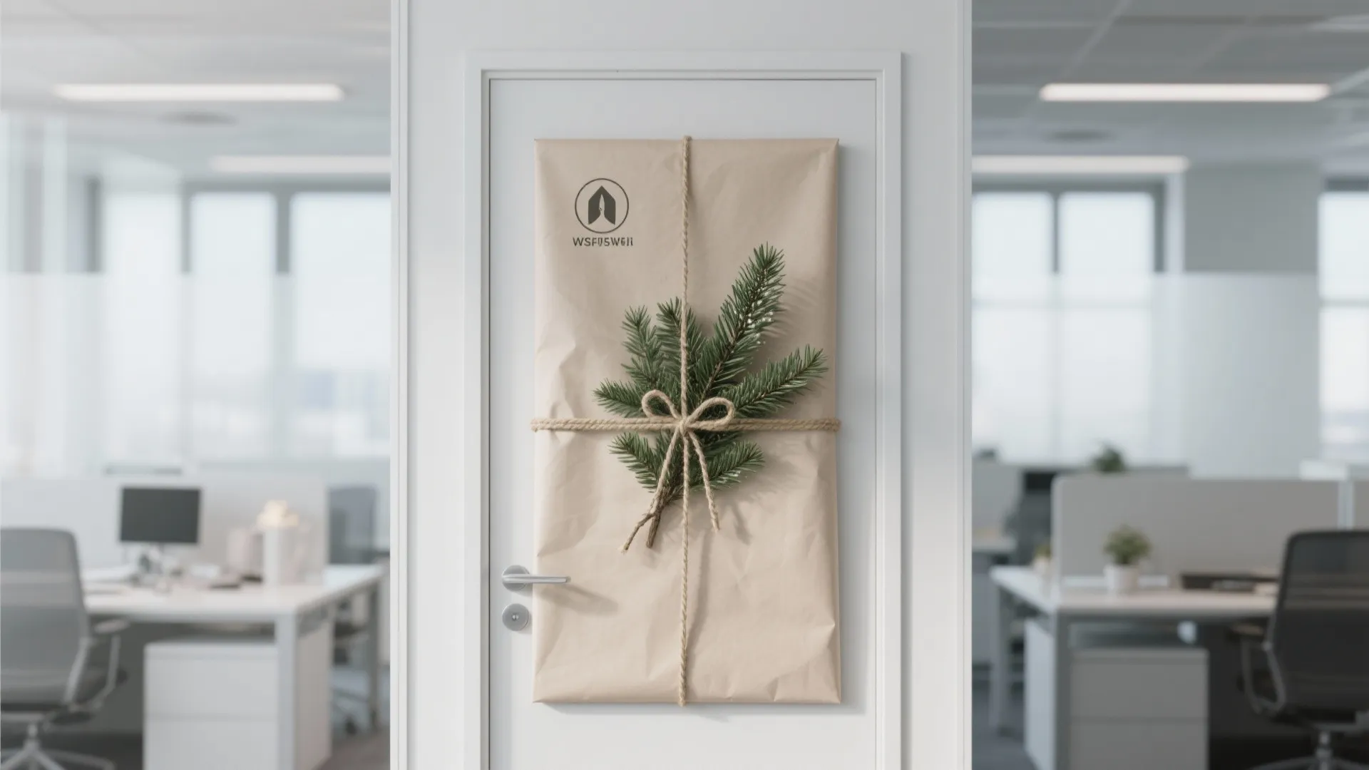 White office door wrapped in brown paper with a pine branch and simple rope bow