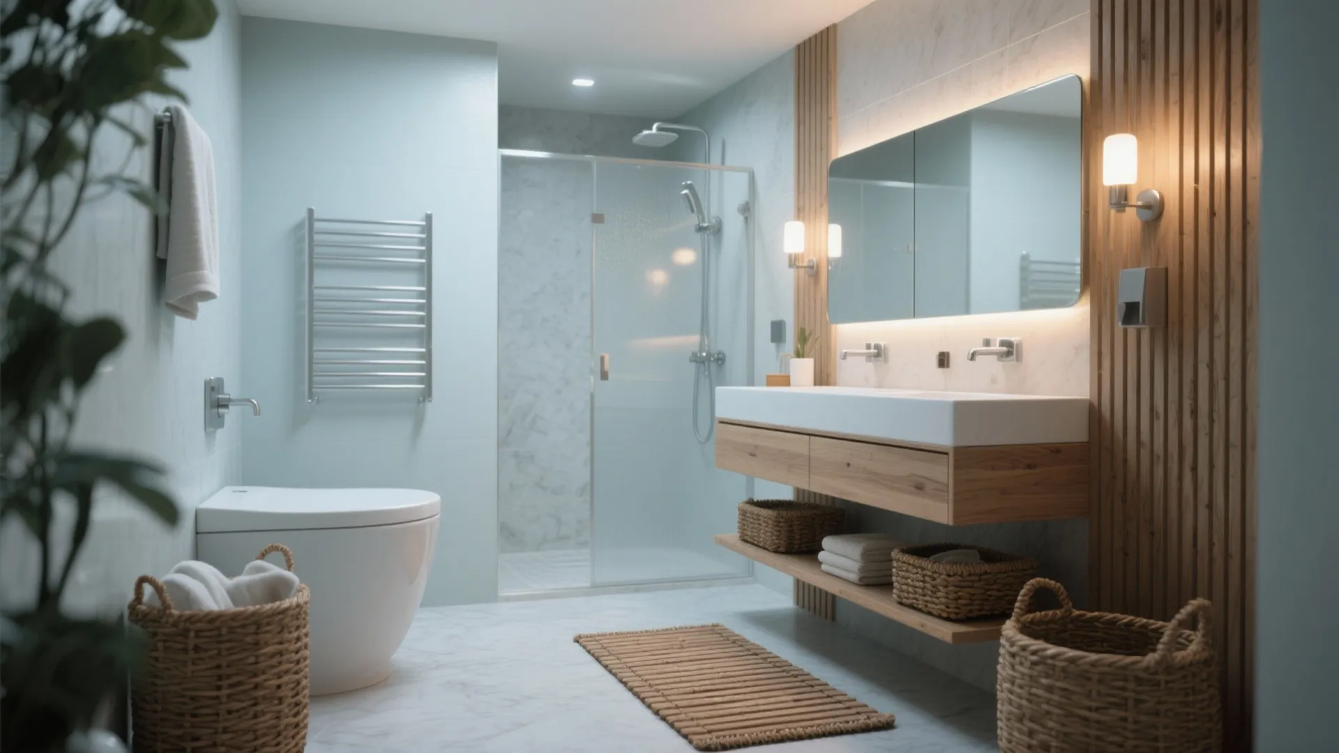 Modern spa bathroom with wooden vanity double sinks glass shower toilet and woven storage floor baskets