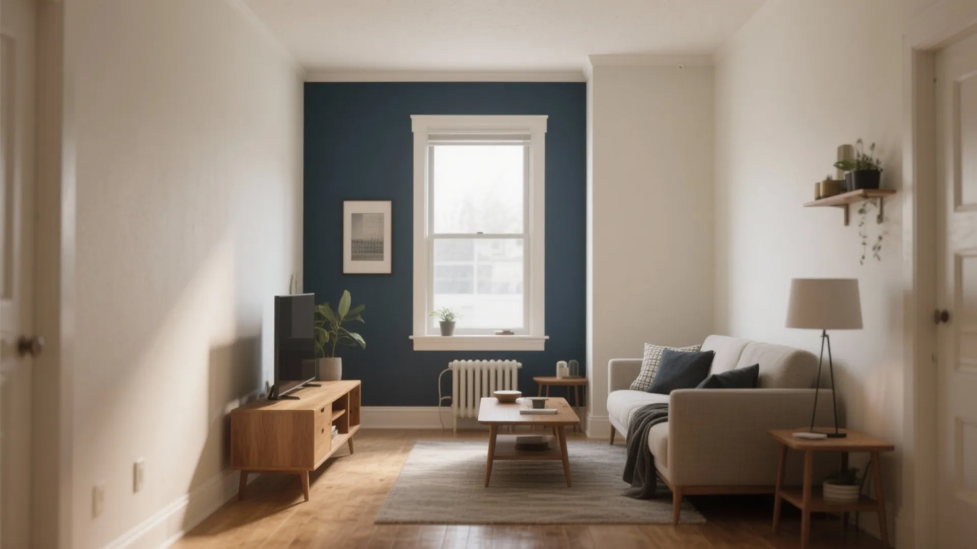 Modern living room with navy blue accent wall, light sofa, wooden table, and natural sunlight