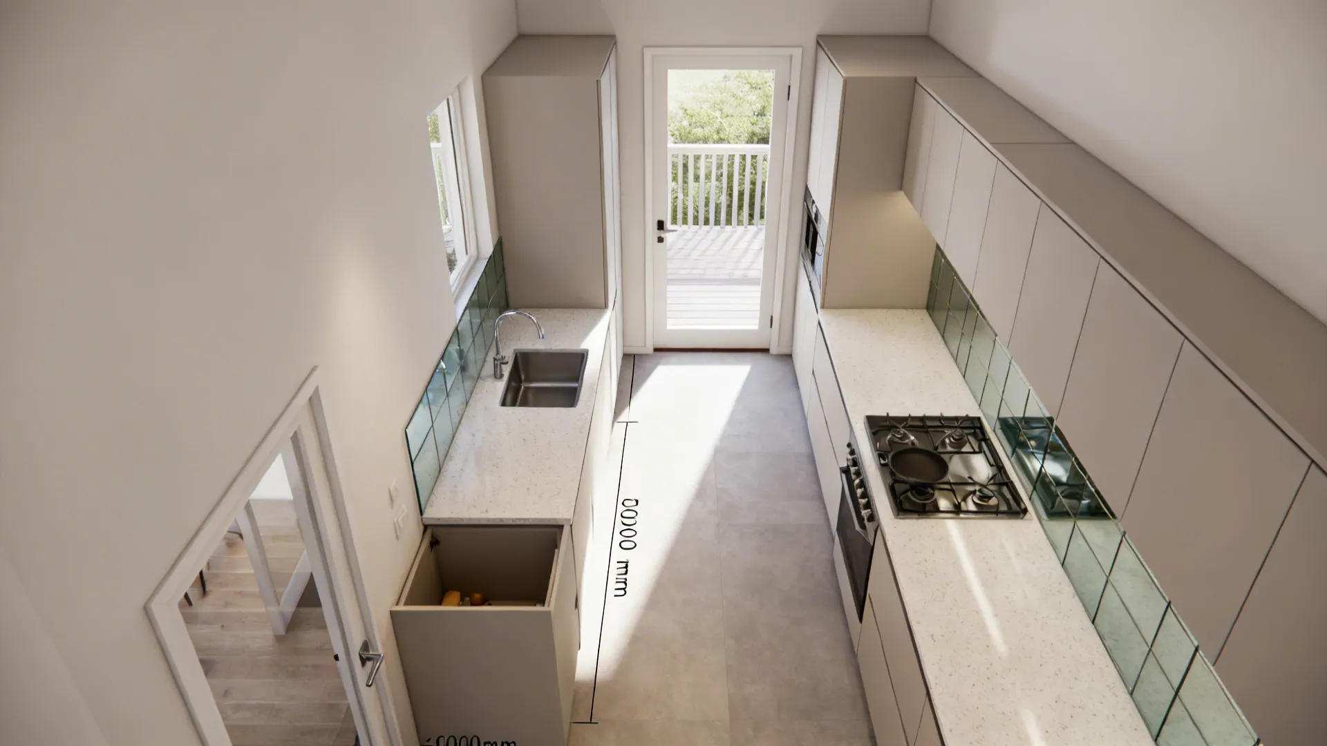 North-door–aware circulation with an L or galley core