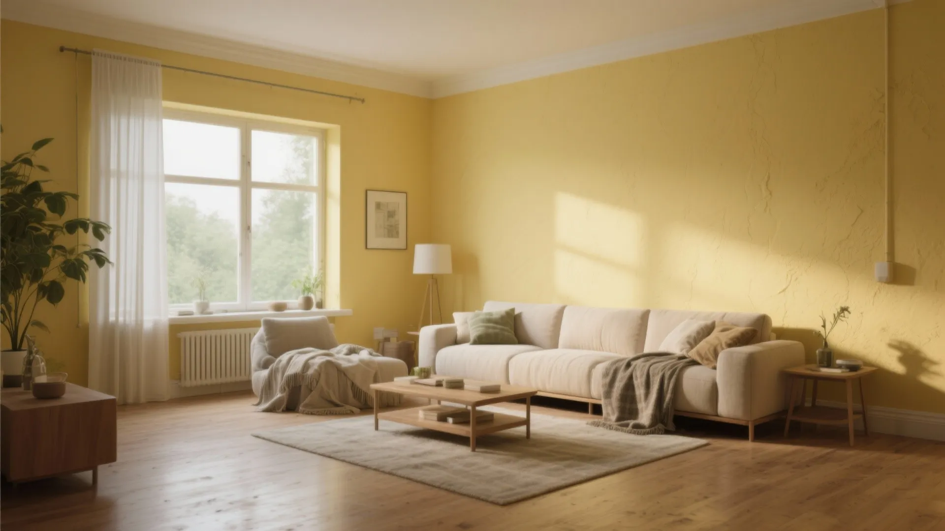 Sunny living room with yellow walls white sofa wooden floor coffee table rug and window