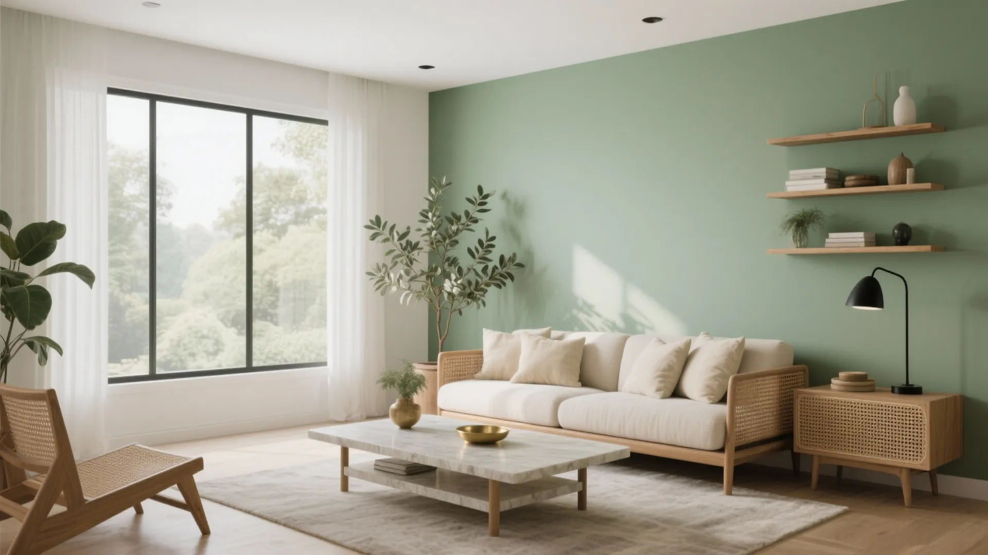Modern living room with green wall white sofa marble coffee table wooden cabinet and indoor plants