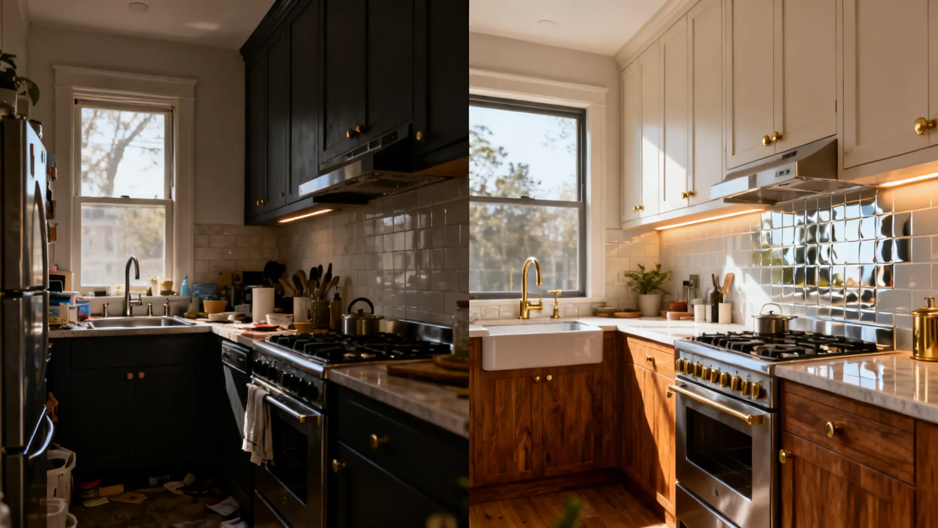 Before and after comparison of a dark cluttered kitchen versus a bright modern renovated kitchen