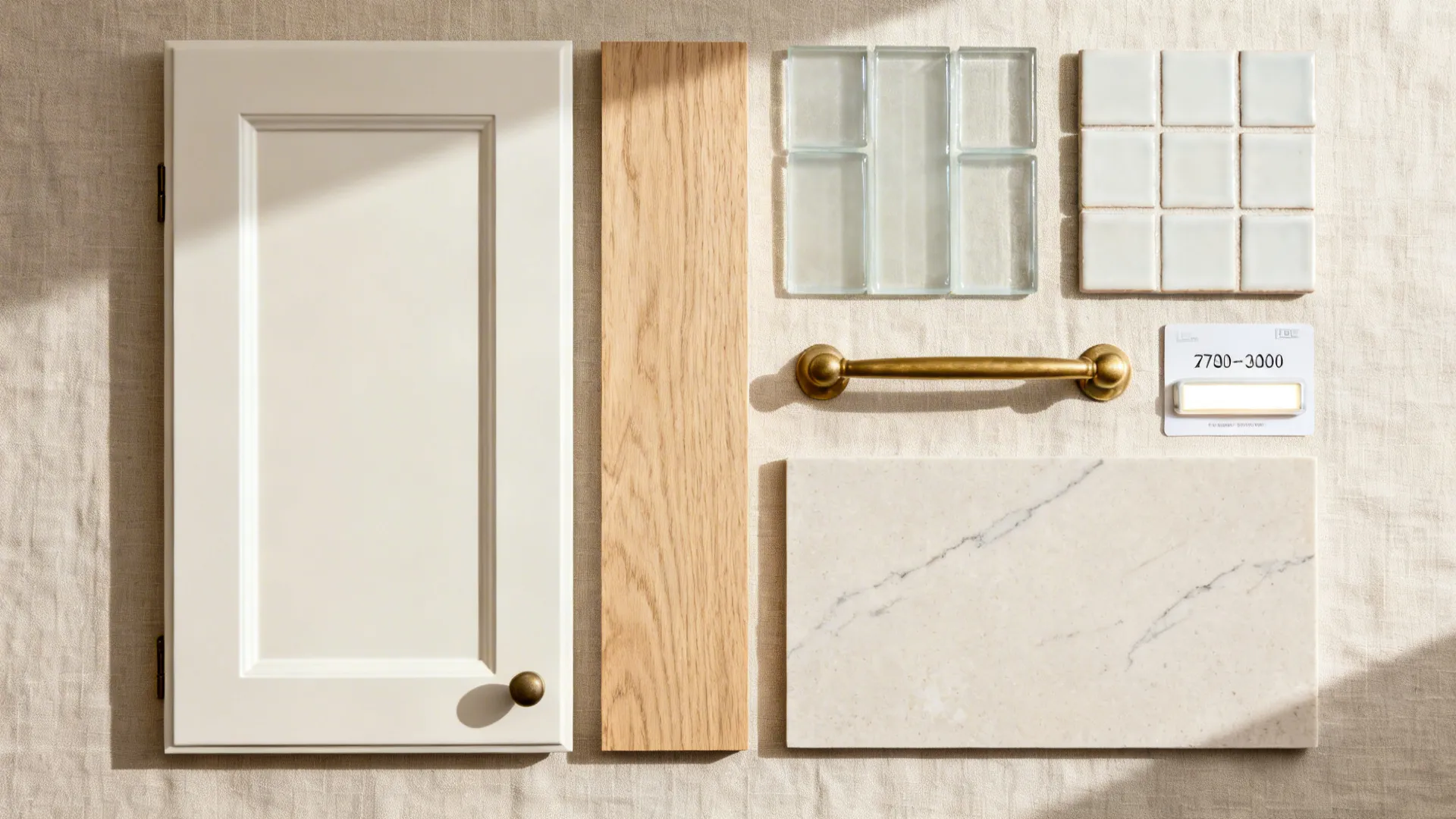 Flat lay of satin off-white, light oak, etched glass, zellige tile, and brass hardware.