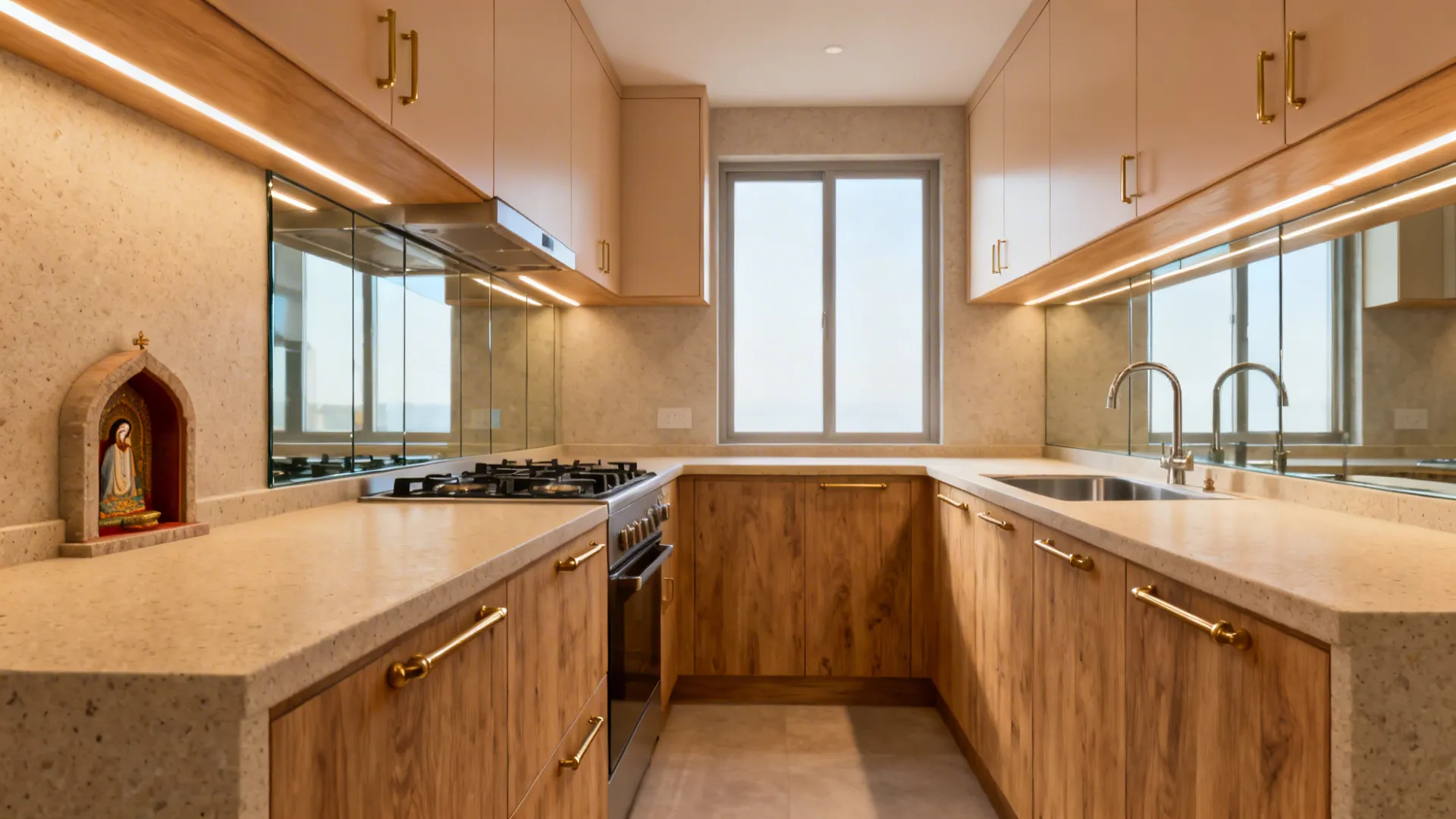 Modern kitchen with wooden cabinets light stone countertops silver gas stove sink and window view