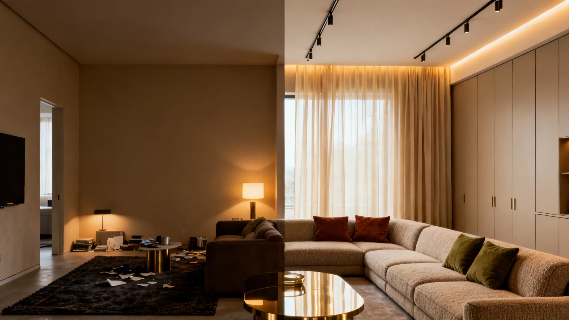 Before and after comparison of messy dark room versus a bright modern organized living room