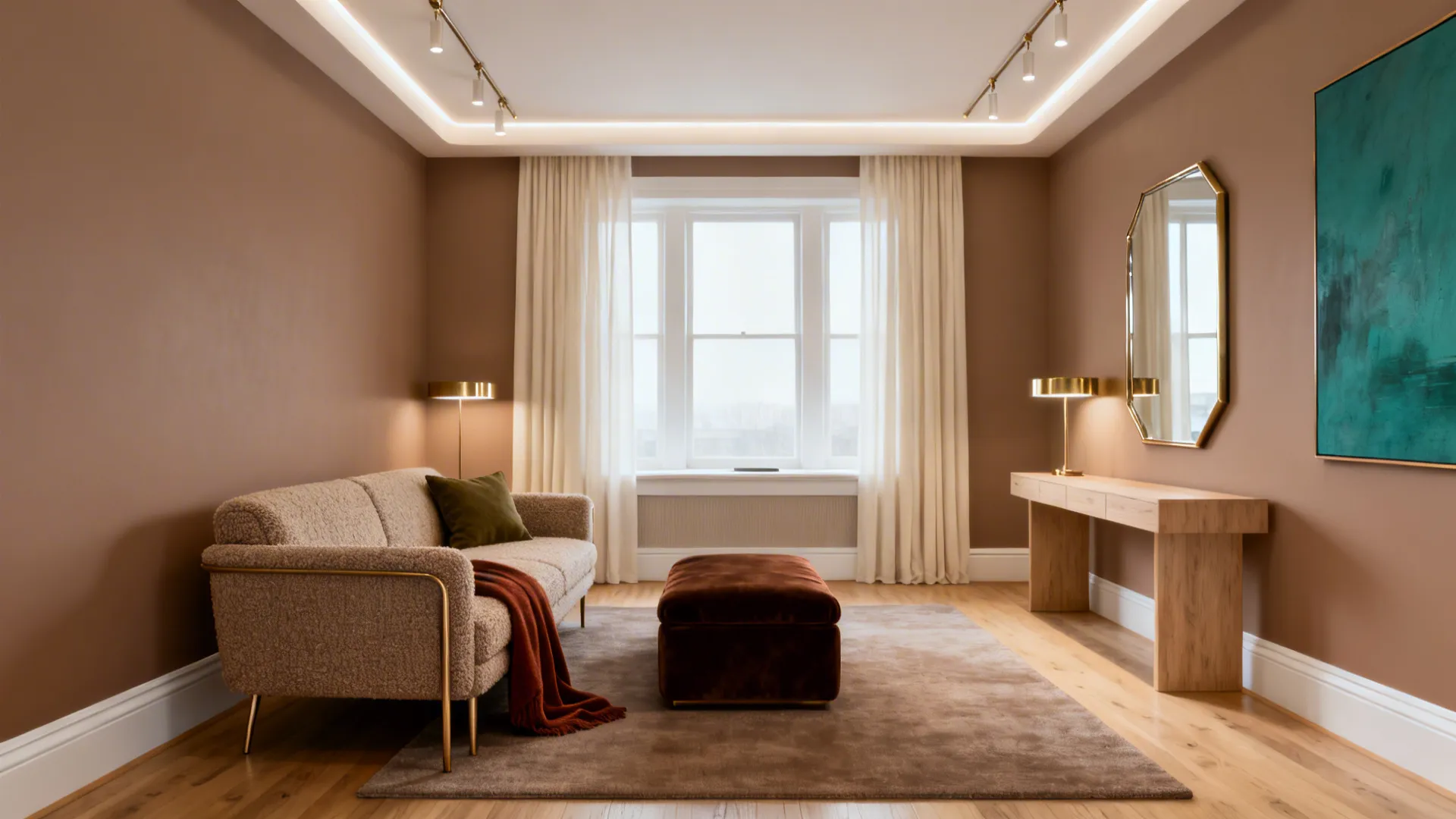Modern living room with brown sofa footrest wood console table gold wall lights and teal art